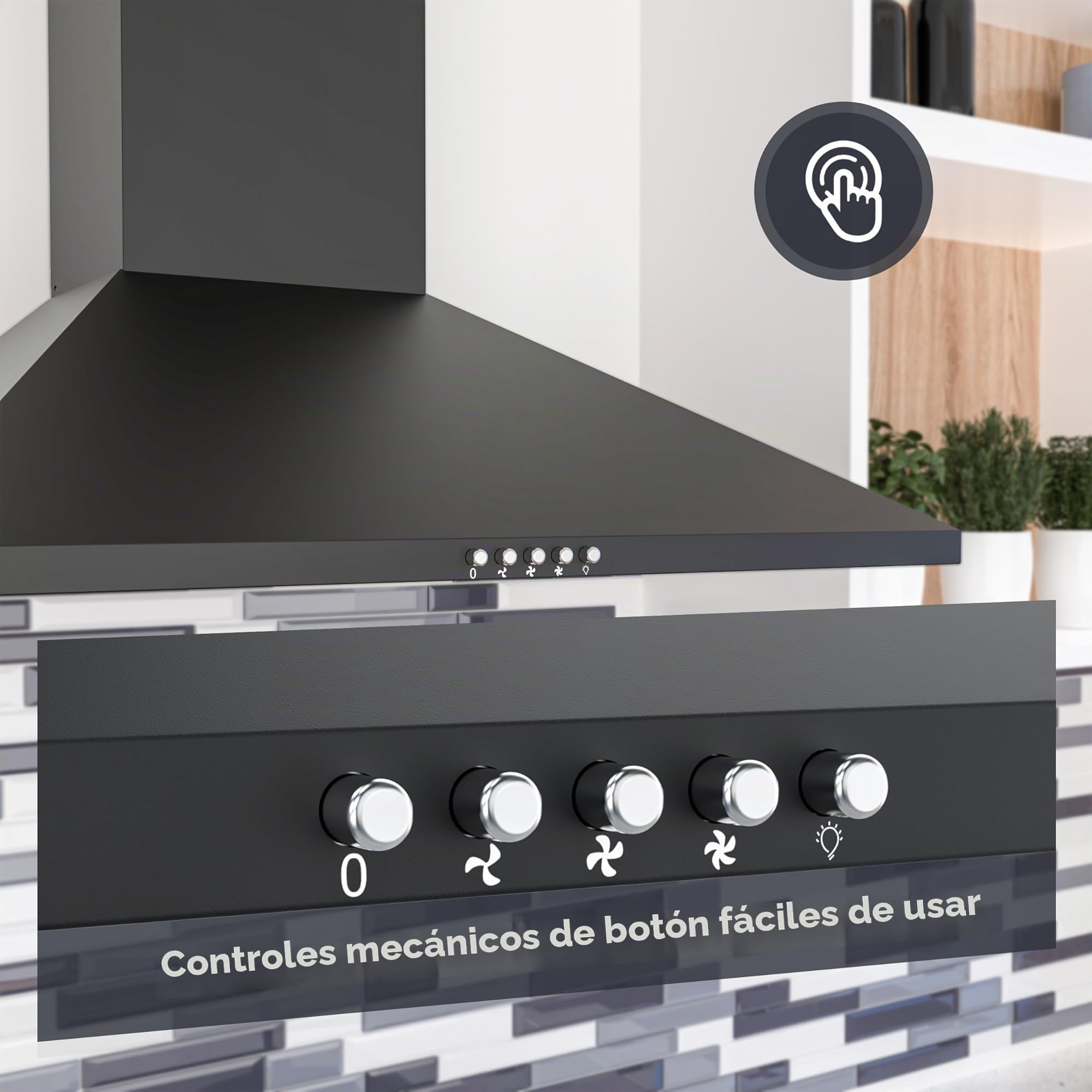 FIREGAS Campana extractora 60cm, Motor sin escobillas, 3 velocidades, 352m³/h, Canalizado y Recirculación, Iluminación LED, Filtro de carbón incluida, Clase A++ Campana decorativa Negra
