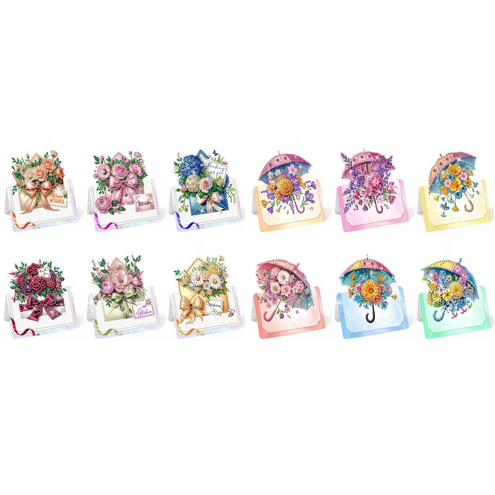 Lebartm 12Pcs 3D Folding Greeting Card DIY Diamond Art Painting Foldable Thank You Cards with White Envelopes Blessing Greeting Card Set for Festival Holiday-03