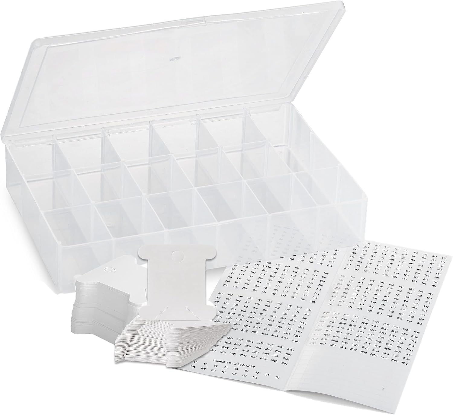 Embroidery Floss Organizer Box | 17 Compartment Plastic Box with Lid, Embroidery Thread Organizer with 100 Cardboard Bobbins and 640 Floss Number Stickers | Cross Stitch Supplies, Storage, and Thread