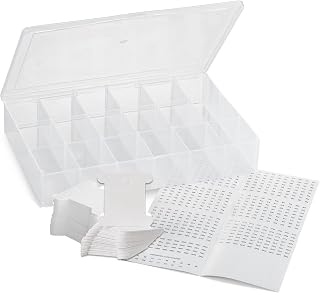 Embroidery Floss Organizer Box | 17 Compartment Plastic Box with Lid, Embroidery Thread Organizer with 100 Cardboard Bobbins and 640 Floss Number Stickers | Cross Stitch Supplies Storage and Organizer