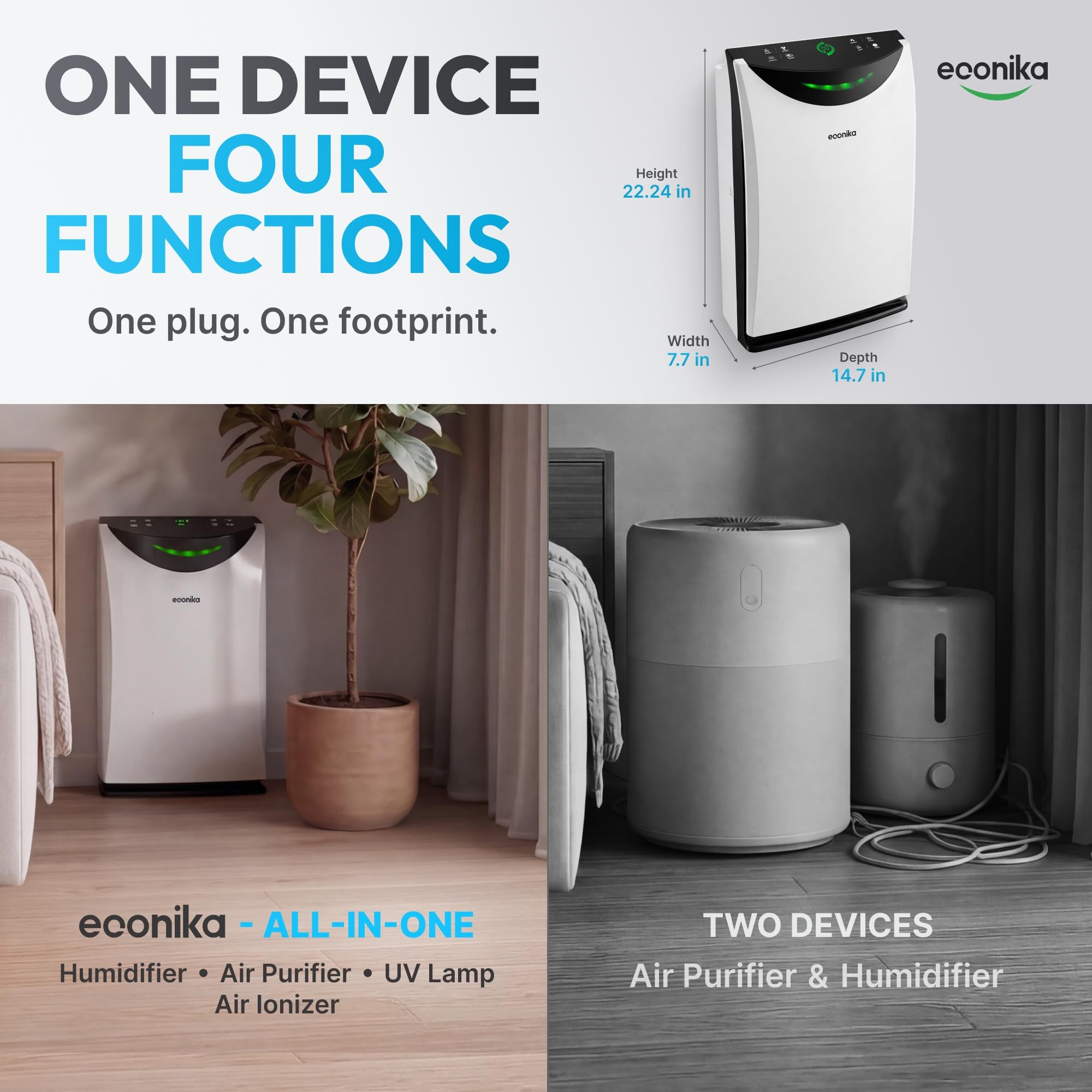 Oczyszczacze powietrza ECONIKA do dużych pomieszczeń - 4 w 1 nawilżacz i oczyszczacz powietrza w jednym - H13 True HEPA Air Purifier dla alergii - jonizator i lampa UV - Osłony do 700 Sq.Foot Home Air
