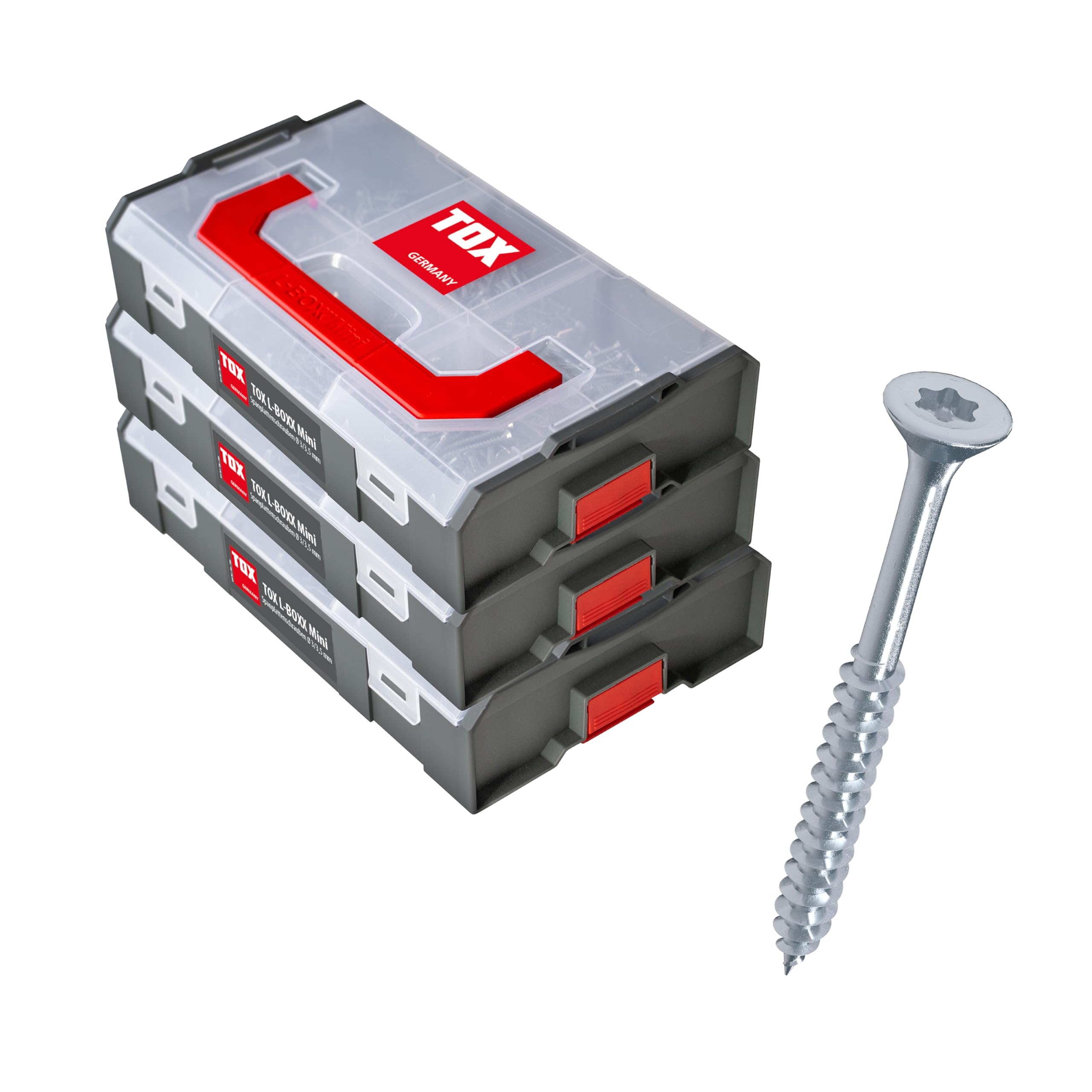 TOX L-BOXX Mini Spanplattenschrauben-Sets mit 3 und 3,5/4 / 4,5 und 5 mm, TX-Antrieb und Vollgewinde, 3 verklickbare Sortierboxen mit insgesamt 18 Größen und 1460 Holzschrauben, 094909172