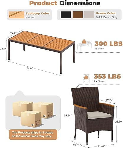 Miniatura 7 de Flamaker Juego de comedor de patio de 9 piezas, mesa y sillas de madera de acacia para exteriores con cojines suaves, muebles de patio de mimbre