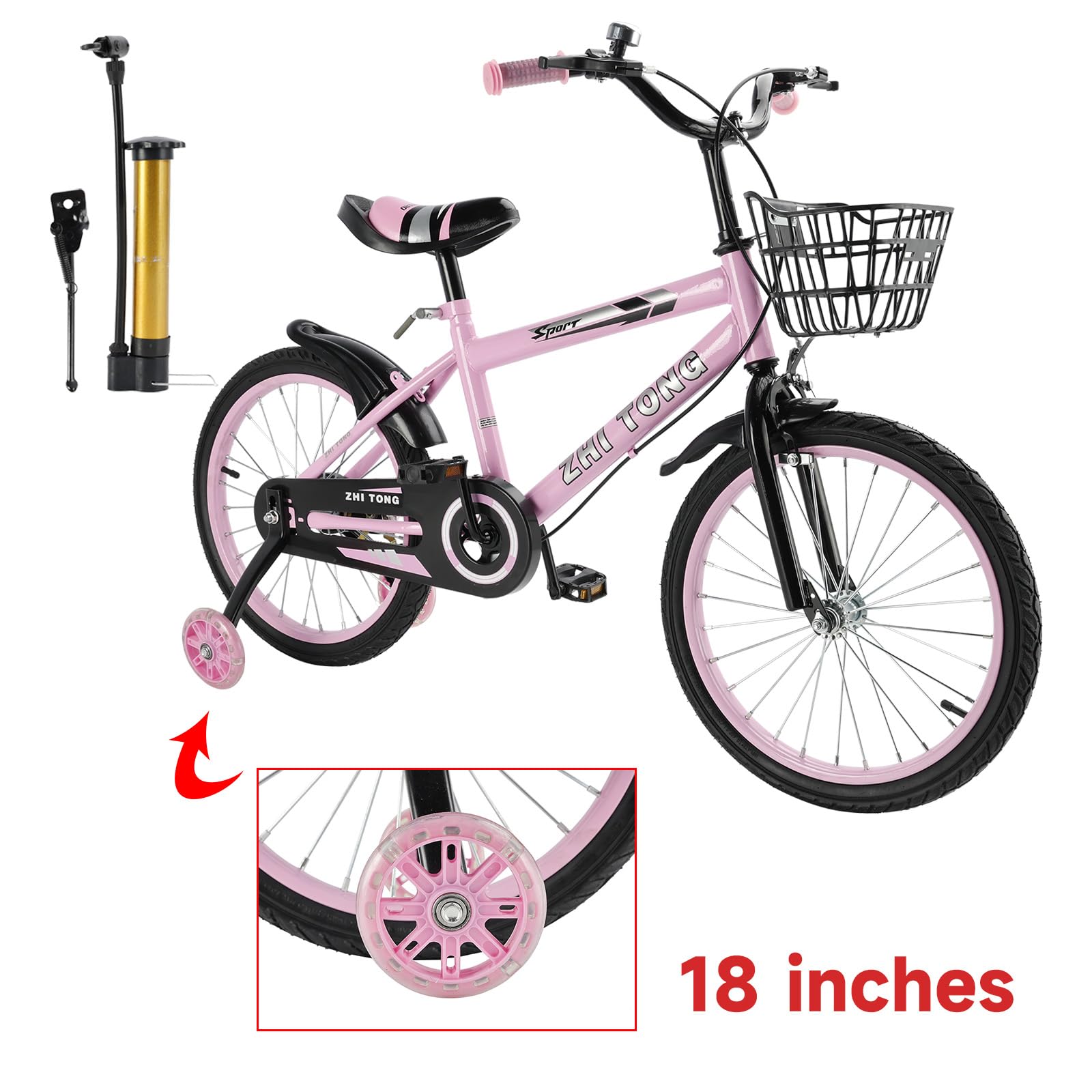 18 Zoll Kinderfahrrad, Verstellbarer Sitz & Lenker, Kohlenstoffstahlrahmen, Doppelbremsen, Stoßfeste Speichenräder, Magnetische Blitzräder, Abnehmbare Stützräder, Jungen/Mädchen Fahrrad