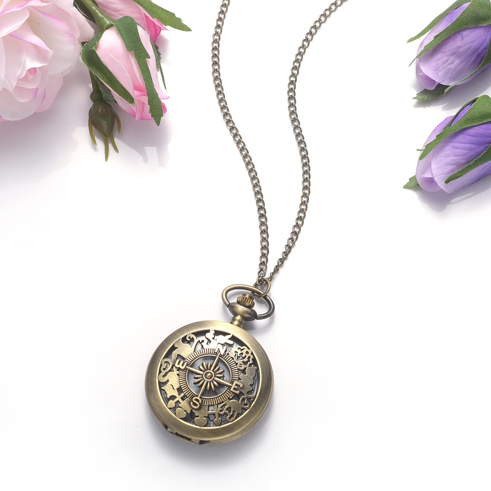 JewelryWe Montre de Poche, Montre de Poche Bronze Antique avec Boîte de Modèle Tridimensionnel Sculpté Creux Simple et de Mode Chiffres Arabiques Échelle Cadran