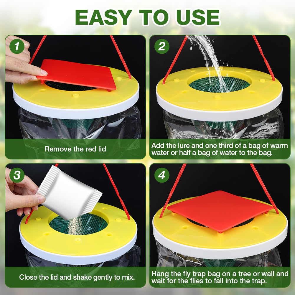 AOOWU Trampas para Atrapar Antimoscas Exterior, 2 PCS Trampas para Moscas con Alimentos, Trampa Cazainsectos Ecologica, Trampa para Moscas Desechable al Aire ​Libre para Jardin, Granjas y Aire ​Libre