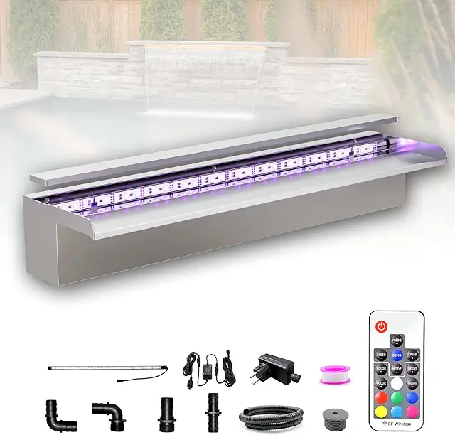 Longrun 60cm Stainless Steel Pond Waterfall Kit with LED Lights & Remote
