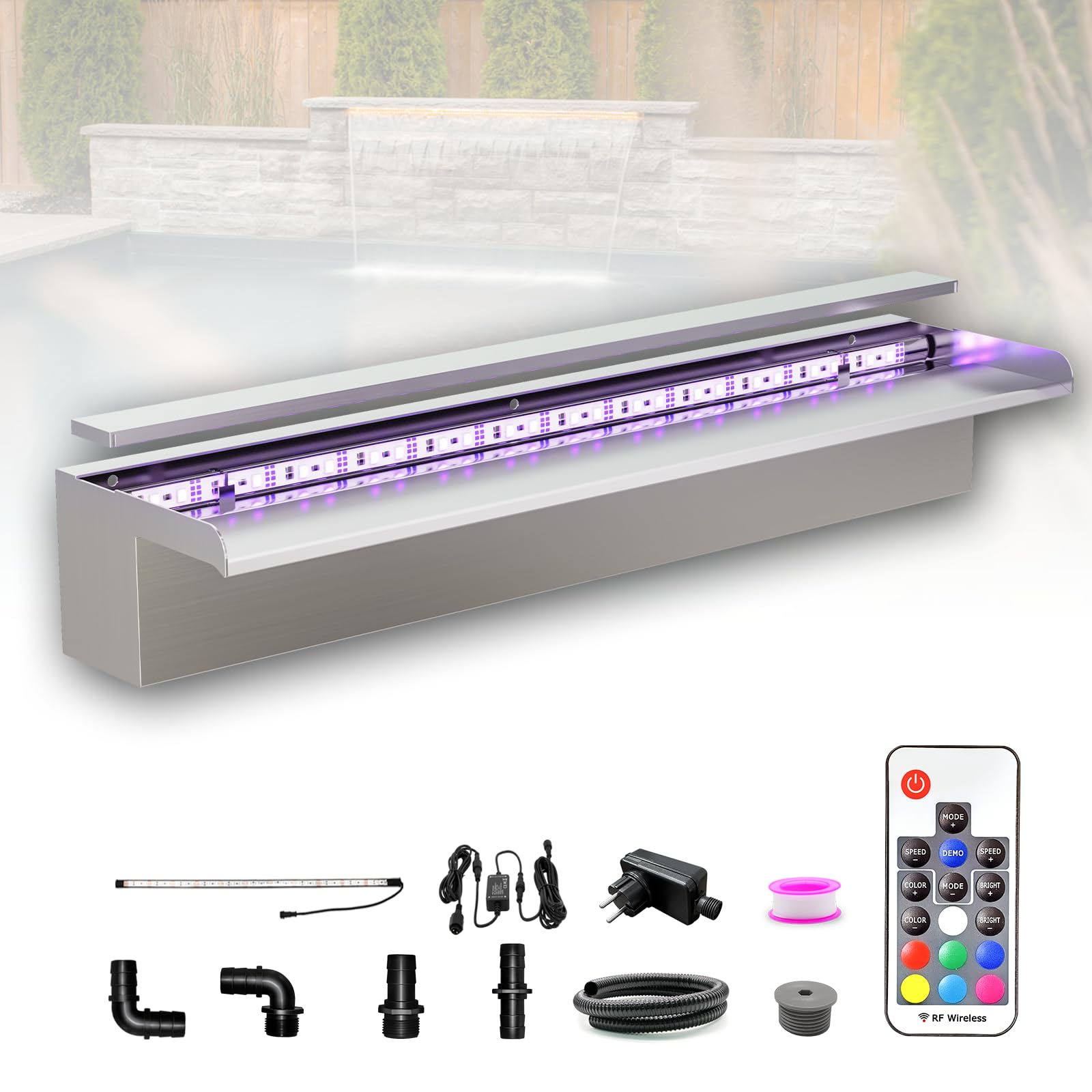 Longrun 60cm Pond Waterfall Blade Kit, 304 Stainless Steel Waterfall Feature Spillway, Outdoor Pool Fountain with 7 Colors LED Lights and Remote Control, Width 15cm
