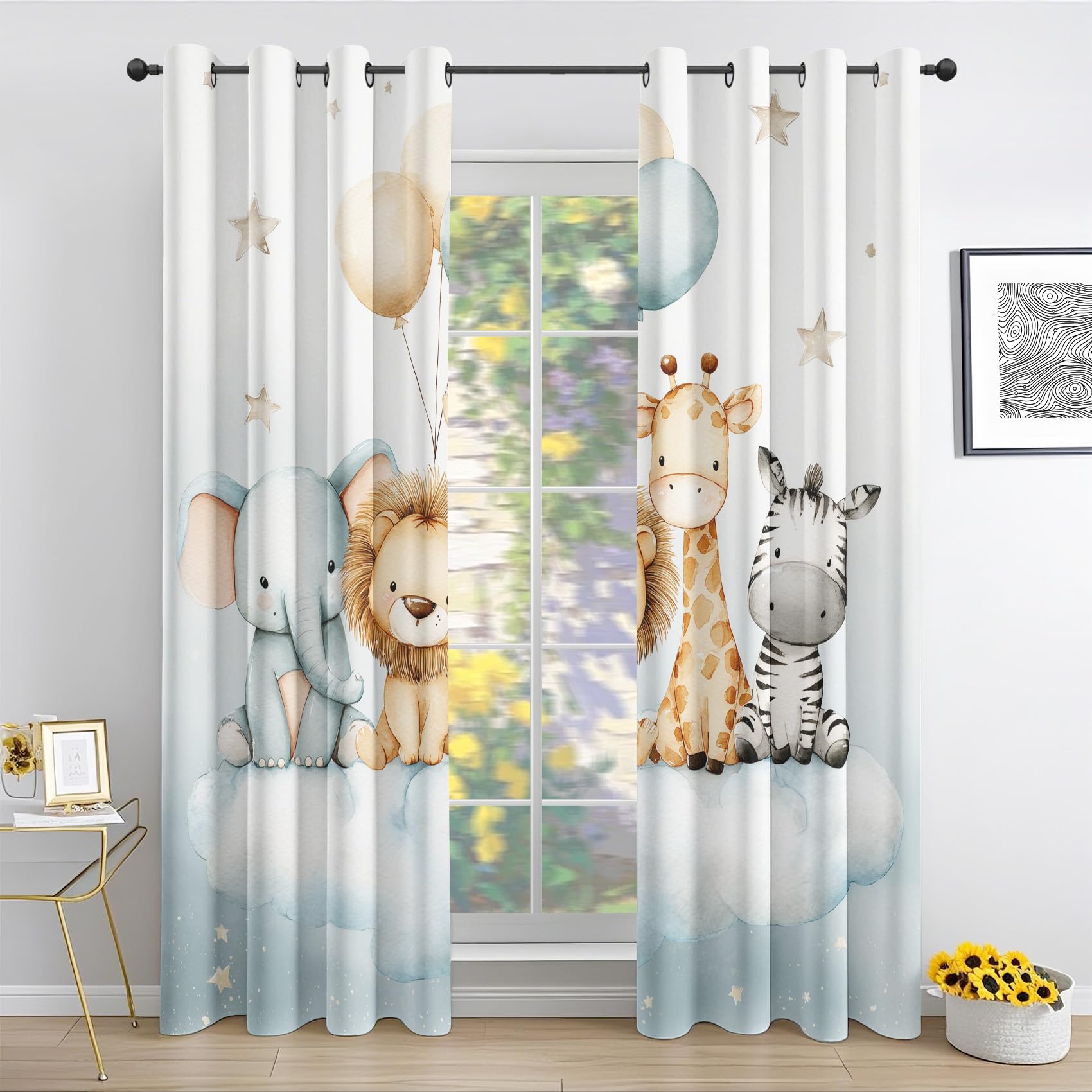 Generisch Niedliche Tiere Vorhang, Löwe Elefant Zebra Giraffe Deko Vorhänge mit ösen, Gardinen Blickdicht 2er Set, Thermovorhang Kälteschutz für Schlafzimmer Wohnzimmer H 225 x B 140