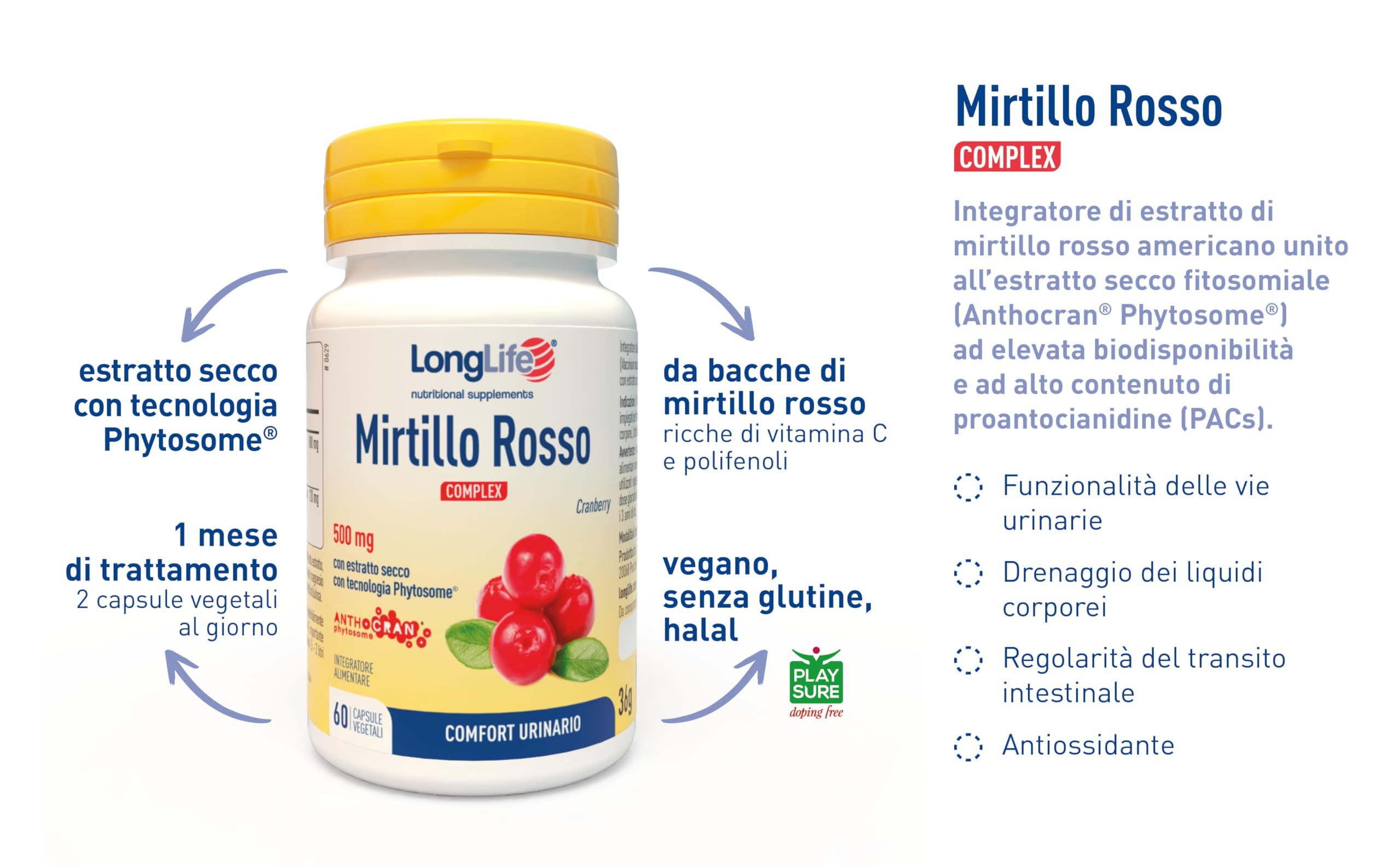 LongLife® Mirtillo Rosso Complex | Comfort urinario | Funzione depurativa e antiossidante | 1 mese di trattamento | Vegano e senza glutine