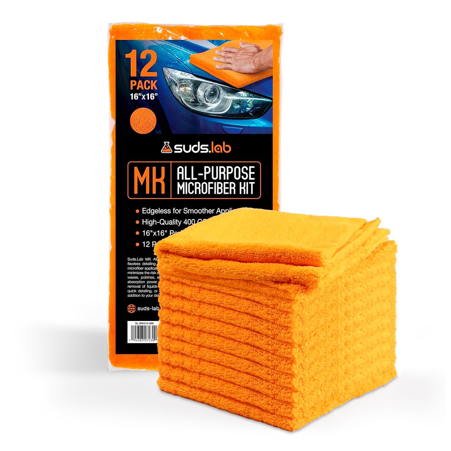 Suds Lab Premium Microfiber Towels for Car Detailing Cleaning Washing Polishing - 16x16 Ultra-Soft Edgeless Scratch-Free Cloth Dual-Weave