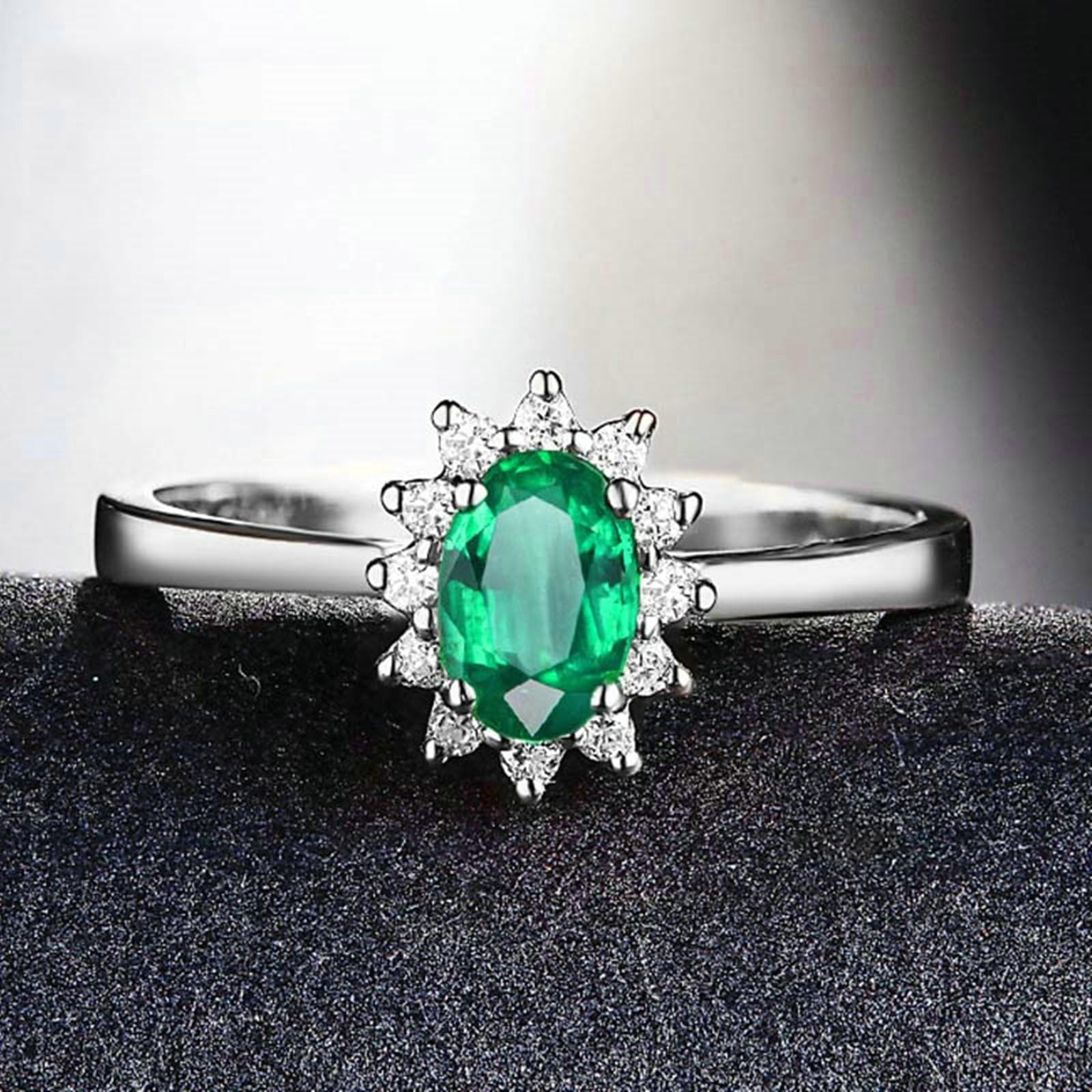 Anelli di Matrimonio Oro Bianco 14K, Anello Donna Fidanzamento Classico Fiore 0.45ct-1.3ct Ovale Smeraldo Sintetico e Moissanite Anello per Fidanzata, Sposa Oro Bianco