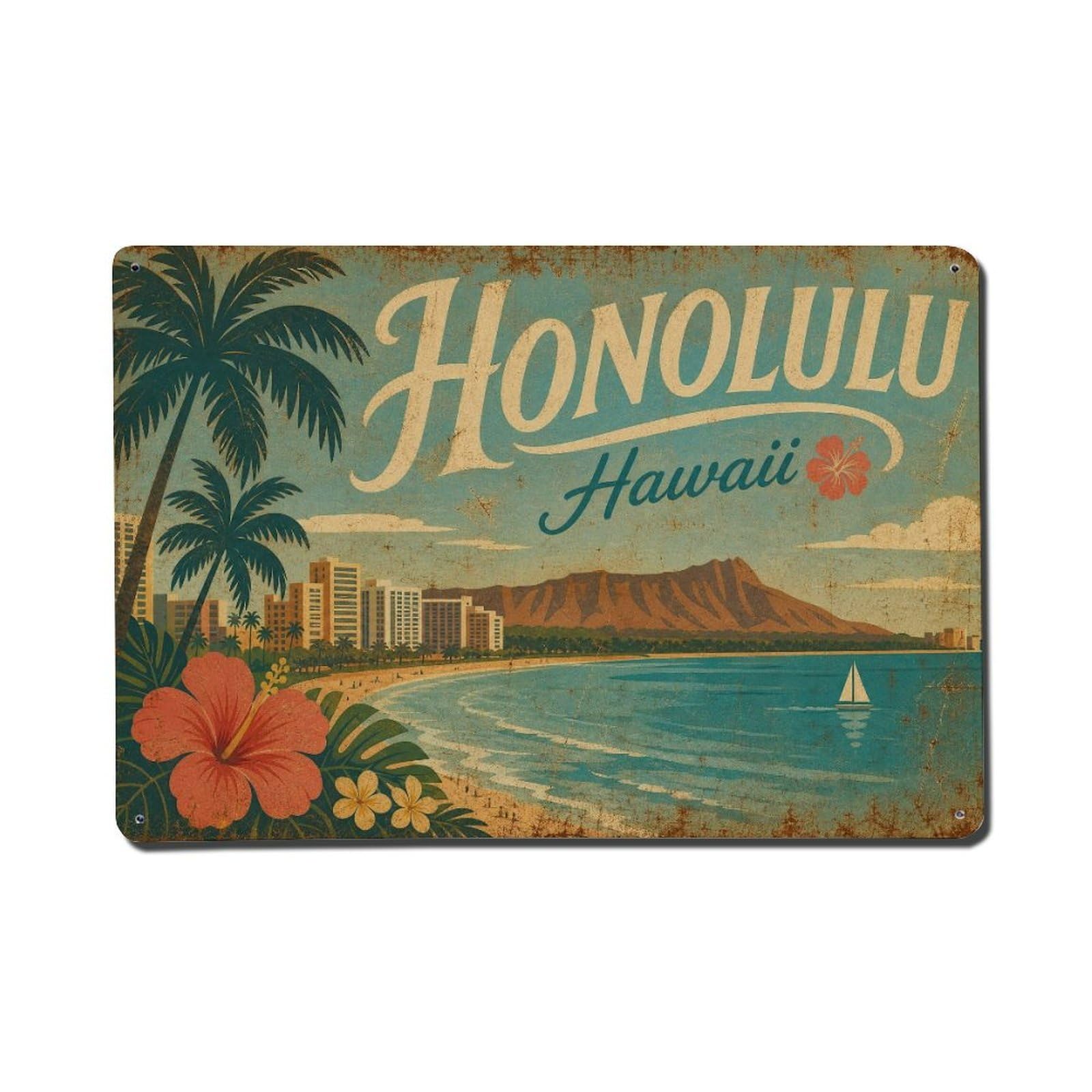 Honolulu Hawaii Island Coast Landmark Coastal Travel Metal Tin Sign