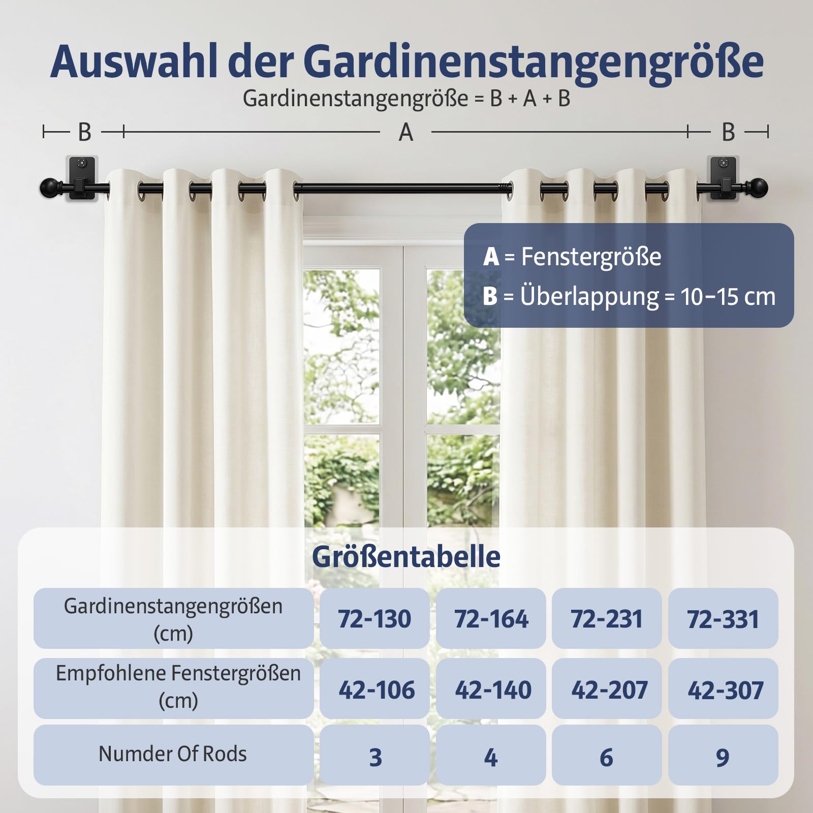 2.0 Pro Gardinenstange Ohne Bohren (with Klebeband und Verdeckte Nägel) 72-130 cm 16 mm Durchmesser Ausziehbare Vorhangstange Ohne Bohren Schwarze Geeignet für Leichte Gardinen Mieterfreundlich