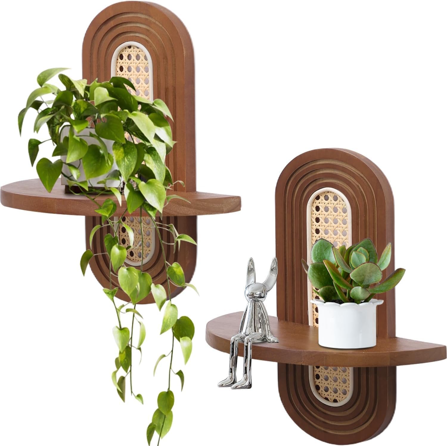AIYJWXINP Floating Shelves for Wall, Boho Rattan Shelf, Set of 2, Unique Small Decorative Shelf, Wall Mounted, Natural Wood Shelves for Living Room, Bedroom, Nursery (2 x Brown)