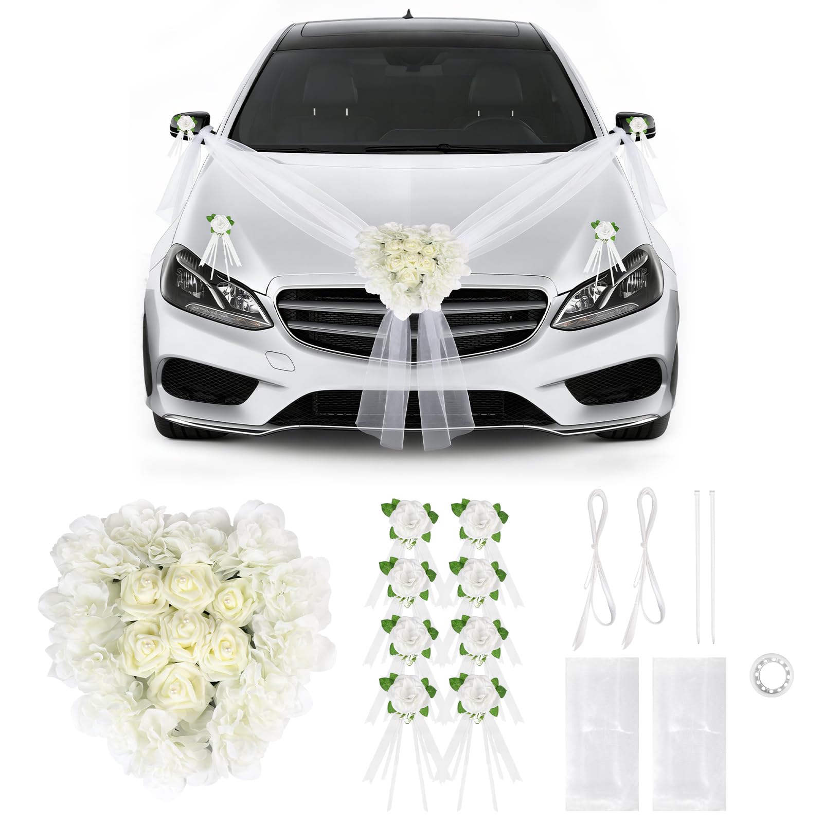 Décoration de Voiture en Forme de Cœur pour Mariage, Kit avec 1 Guirlande Cœur, 4 Fleurs pour Poignées de Porte, 2 Bandes de Tulle (1,8m) pour Enterrement de Vie de Jeune Fille & Cérémonie