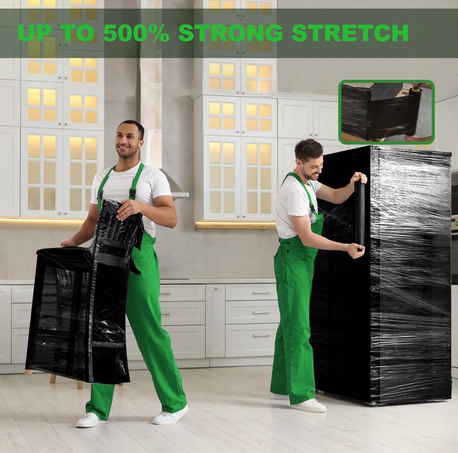 Pellicola estensibile nera per traslochi e imballaggi, 38,1 cm x 304,4 m, pellicola in plastica di protezione ad alta resistenza, 60 gauge (15μm) (4 rolle)