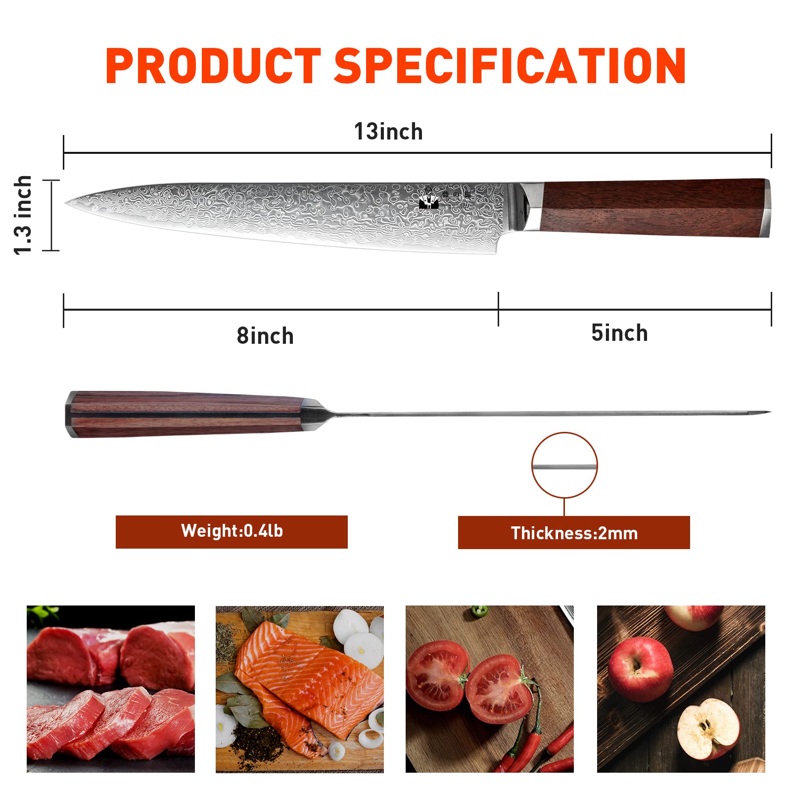 Slicing Knife 8 inch Damascus VG-10 Super Steel 67-Layer Damascus Slicing Carving Knife with Hexagon Natural Wood Handle for Beautiful Thin Slices of Pork, steak, brisket, and Poultry — Amazon image 7