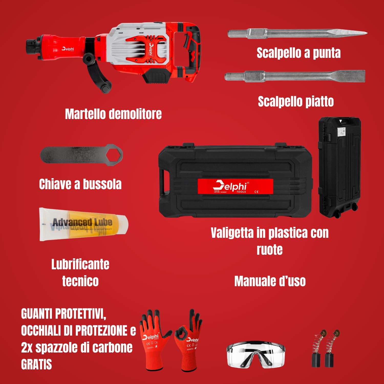 Delphi Martello Demolitore Professionale 70 J, 1950 RPM, 1600 W (Sistema Antivibrazione, HEX30, Valigetta con Ruote + Set Accessori) - Martello Demolitore con 2 Scalpelli e Impugnatura Regolabile