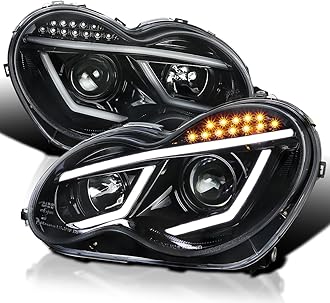 Jet Black LED Bar Projector Headlights Compatible with 2001-2007 Mercedes-Benz W203 C-Class Sedan, Left + Right Pair Headlamps Assembly