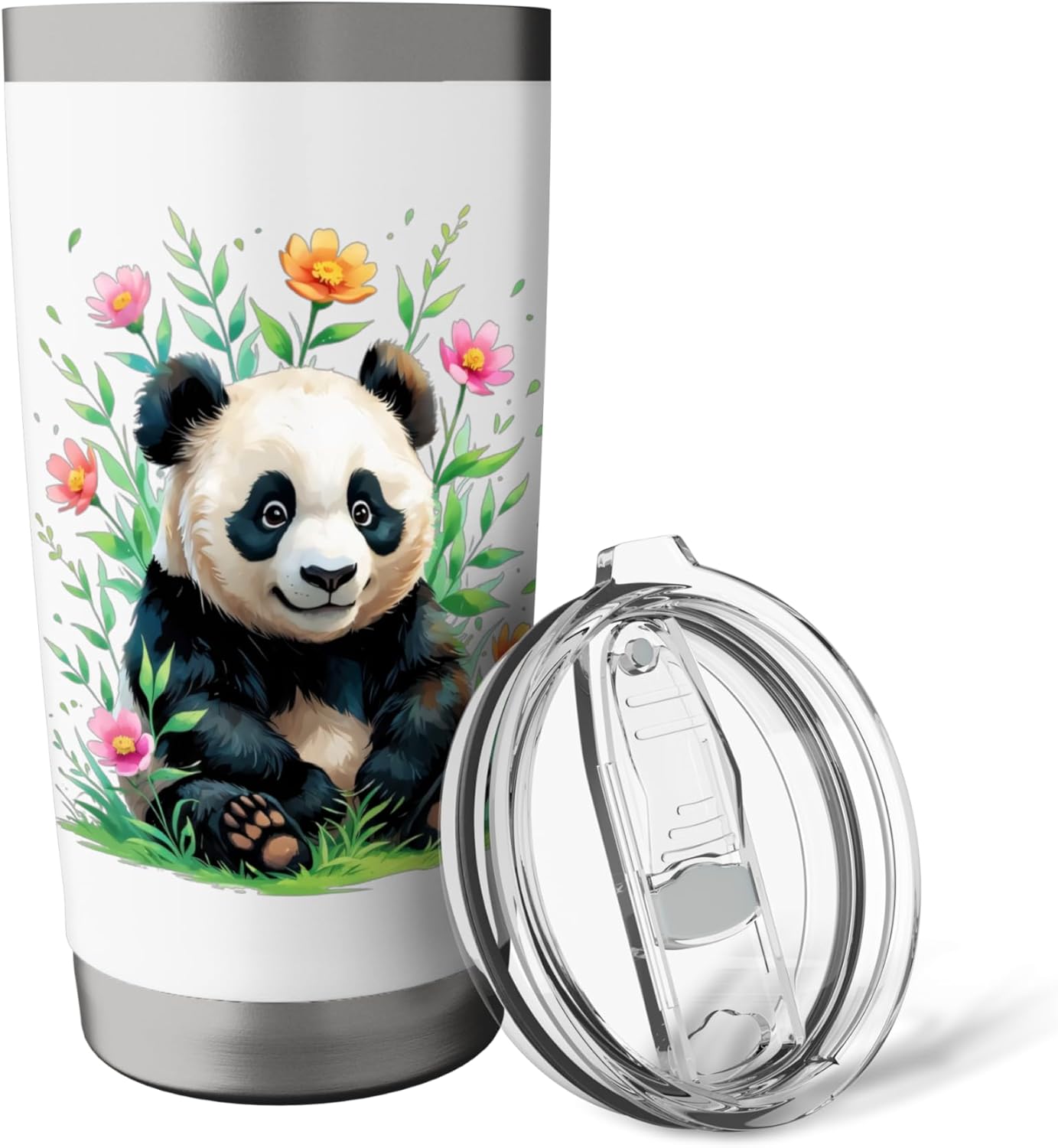 Cute Panda with Colorful Floral Surroundings Stainless Steel Insulated Tumbler - Image 5