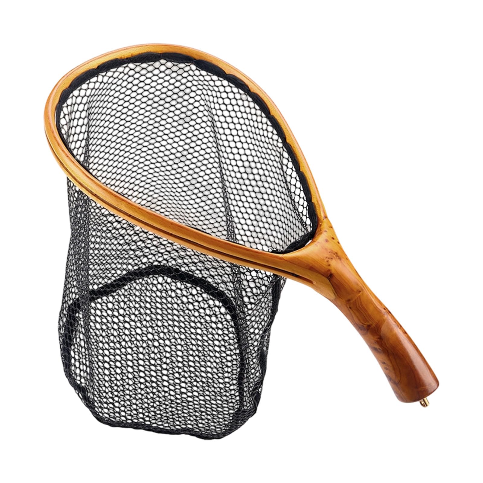 Retino da pesca curvo con manico in legno, design a maglie che protegge i pesci, compatta rete da pesca per pescatori, flussi, pesca