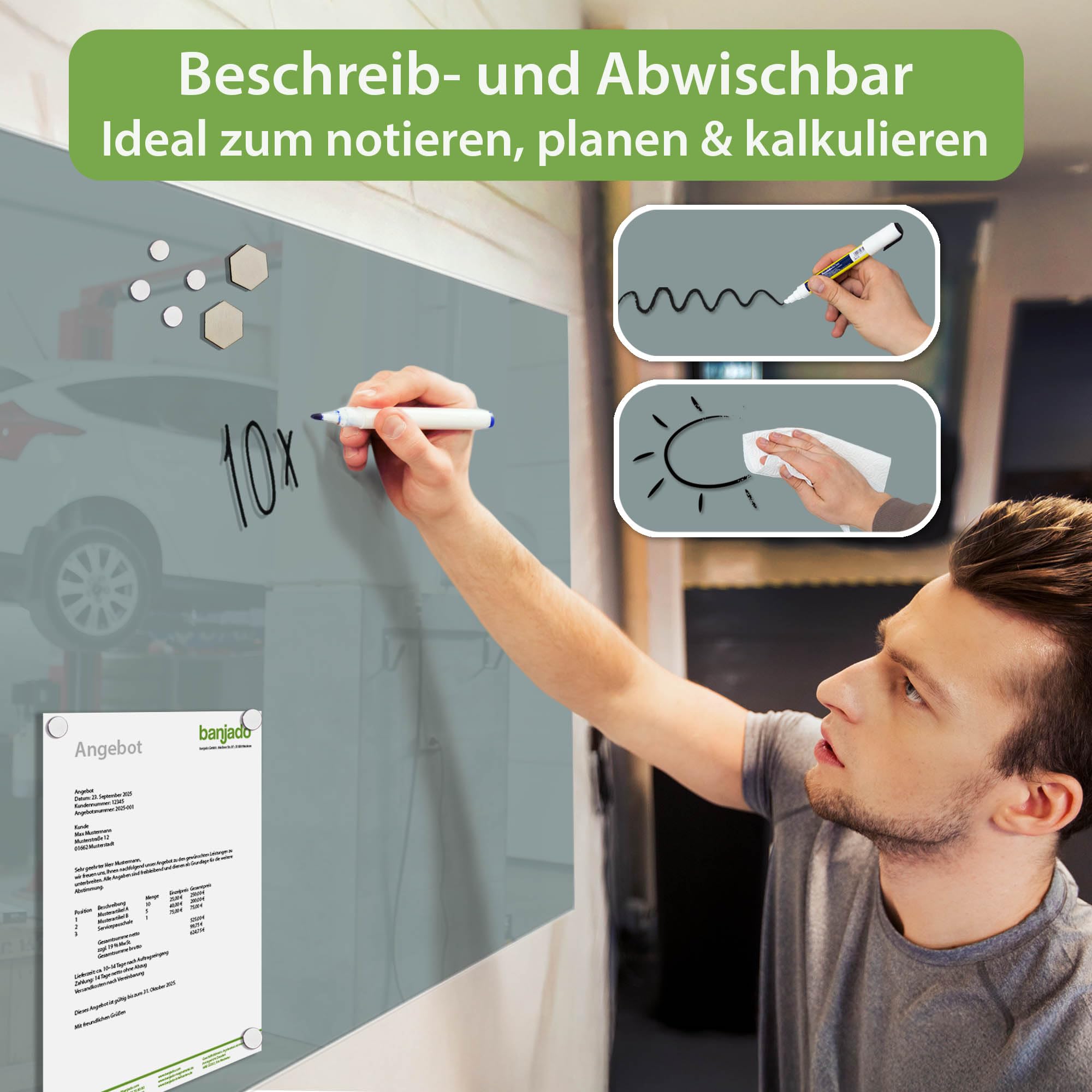 banjado Glas Magnettafel (120 x 80cm) - Magnetwand Glas - Magnetpinnwand als Memoboard - Pinnwand Magnettafel Küche, Büro, Kinderzimmer - Grau