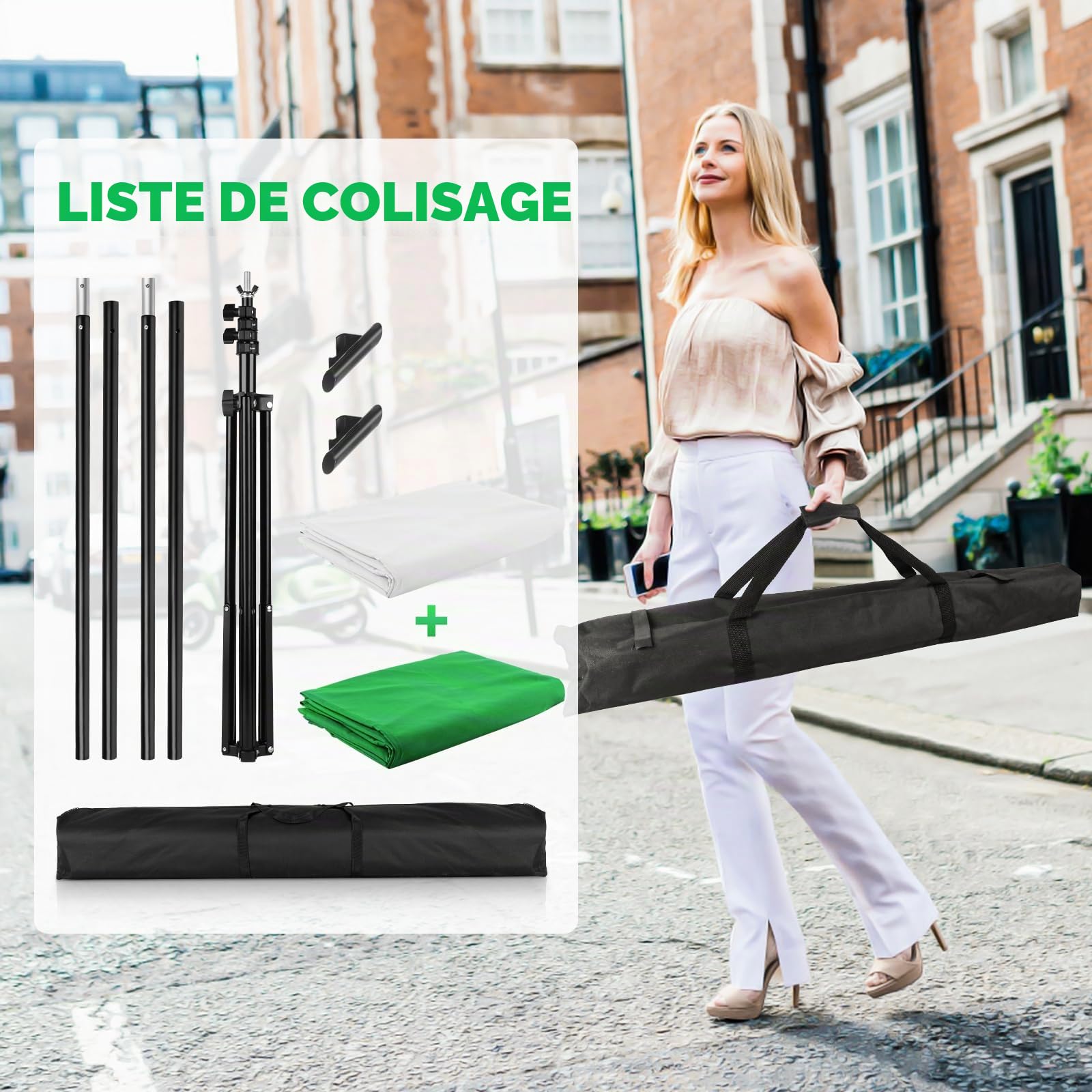 Toile de fond polyvalente avec support 2 x 2 m, arrière-plan pliable et infroissable Chromakey blanc et vert pour studio photo, prise de vue vidéo, photographie de portrait
