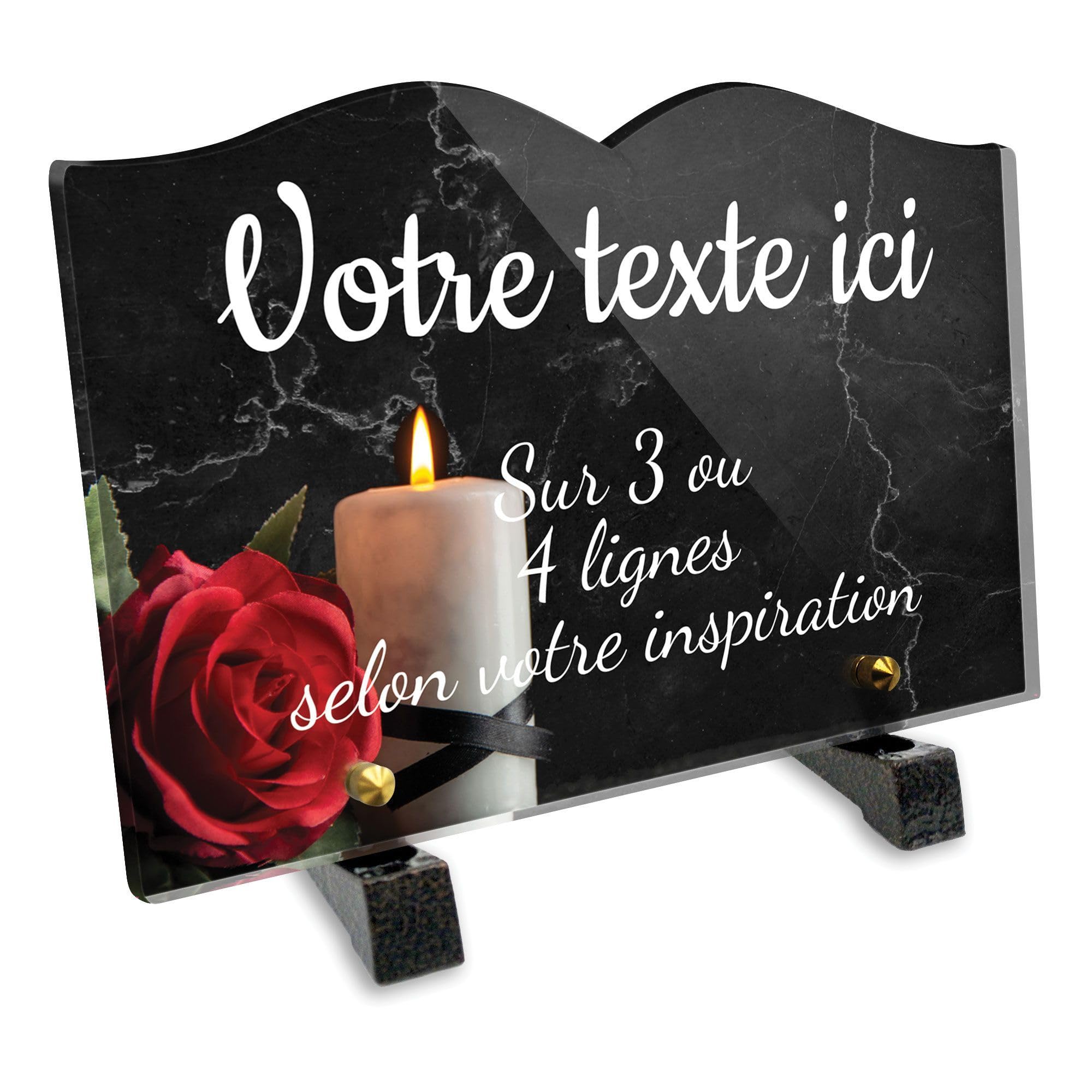 Placa funeraria libro personalizable en plexi, diseño de vela y rosa roja, diferentes tamaños, grosor 6 mm, personalizado en varias líneas, 22-5x15 cm