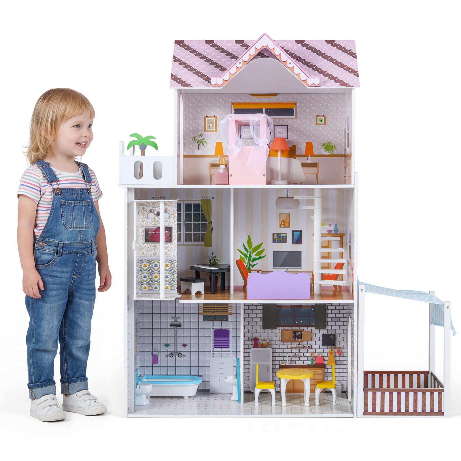 GYMAX Kids Dollhouse, 3-Storey Wooden Dolls House with Simulated Rooms and Accessories, Large Doll House for Girls Boys Aged 3 Years Old+ (102x34x120cm,15 Furniture Accessories)
