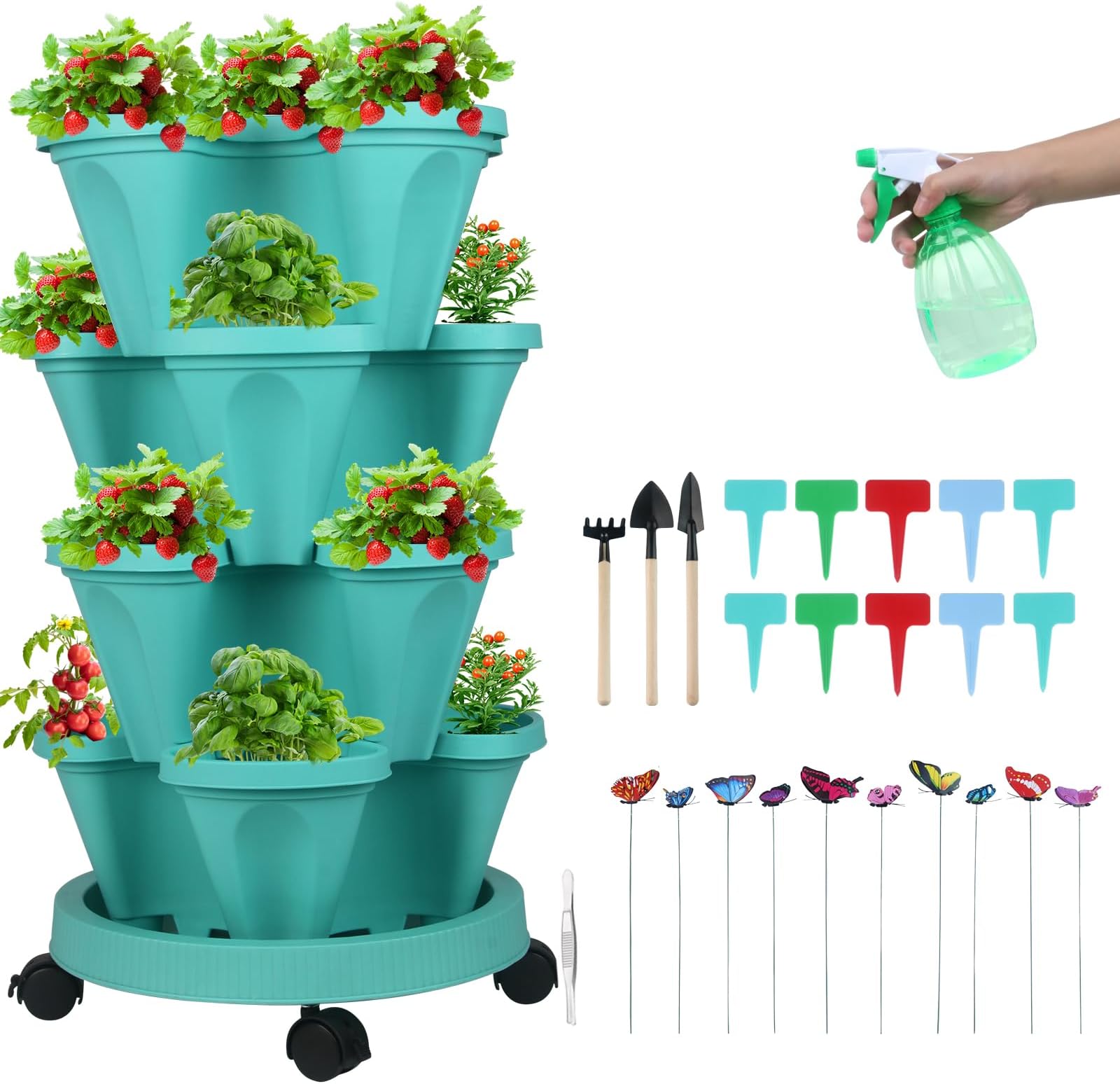 Vertical Planter 4 Tier Stackable Planters Garden Planters Strawberry Herb Flower and Vegetable Planter Indoor Outdoor Gardening Pots with Removable Wheels and Tools