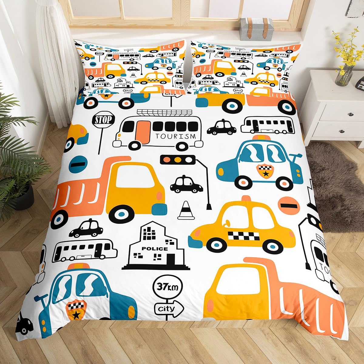 Homemissing Cartoon Car Bedding Set Kids Police Car Comforter Cover Set for Boys Girls City Vehicle Bus Duvet Cover Breathable Truck Bedspread Cover Room Decor Quilt Cover Double