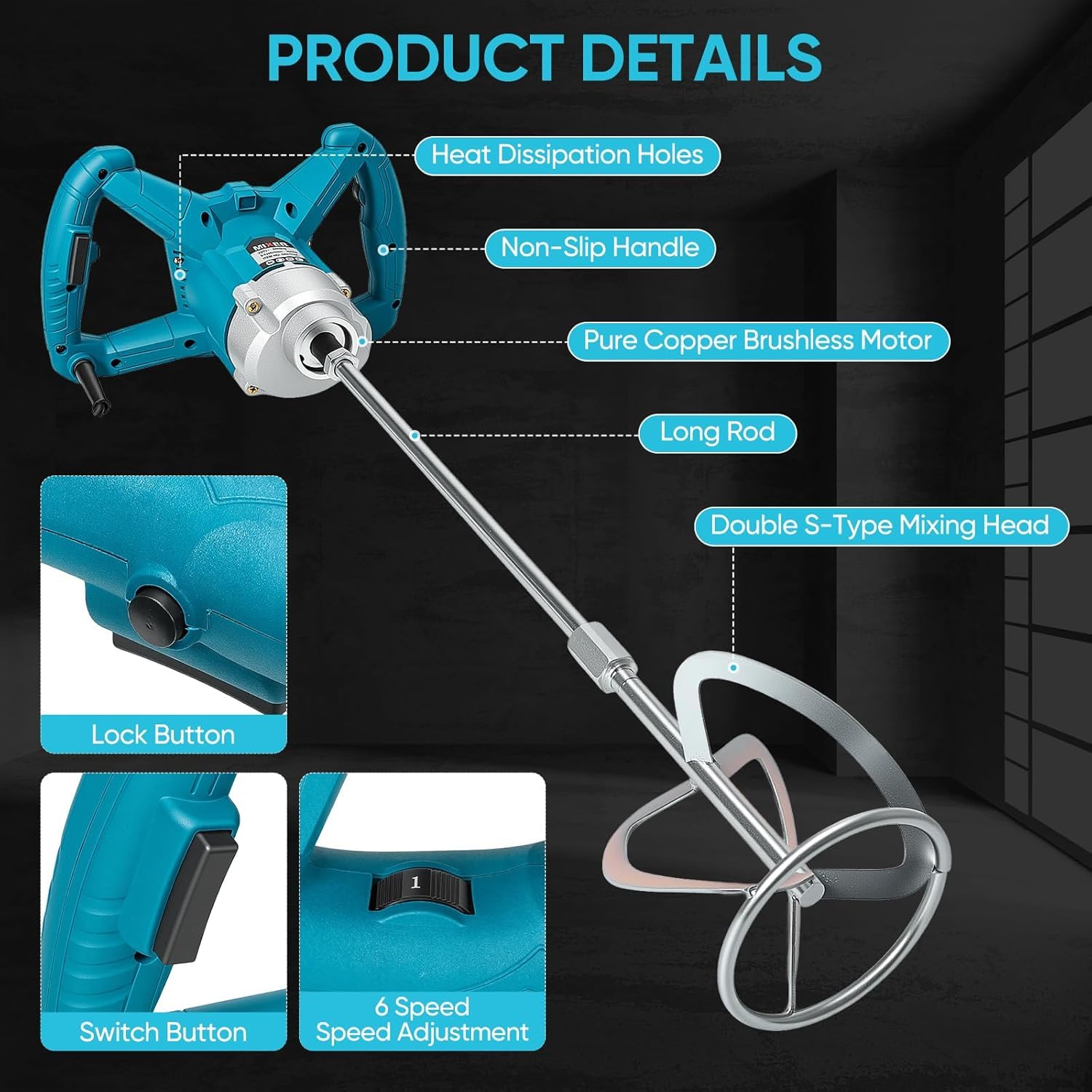 TYH Mezcladora De Cemento Eléctrica De 3200 W para Hormigón, Hormigón, Yeso, Mortero Y Pintura, con Paletas Mezcladoras, Motor Sin Escobillas, 6 Velocidades, Interruptor De Bloqueo Y Velocidad