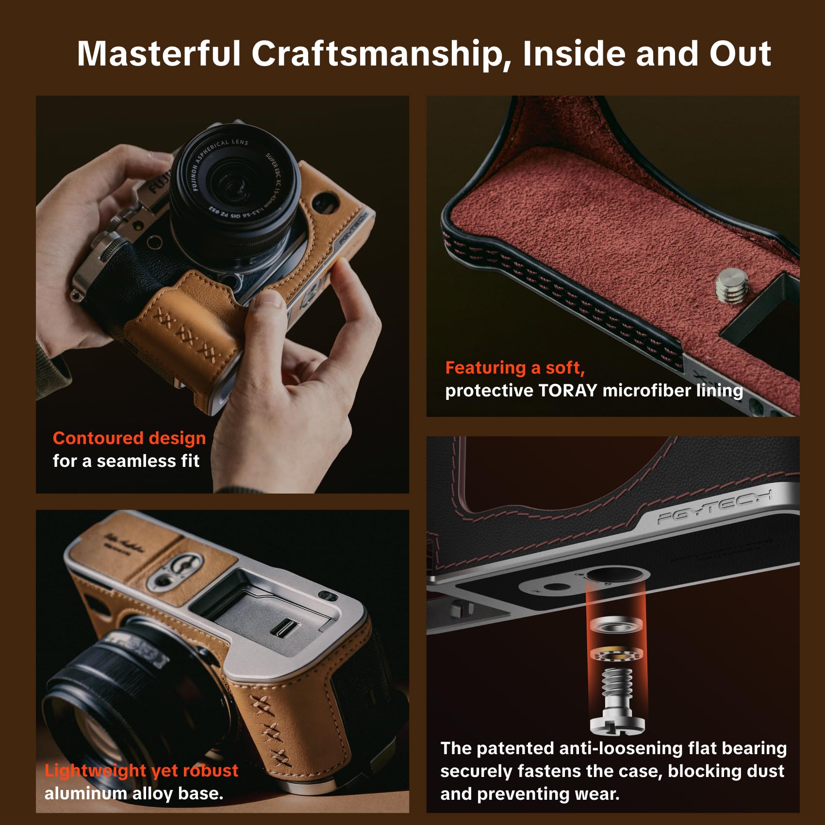 PGYTECH Mezza Custodia per Fujifilm in Vera Pelle, Vintage Camera Case | Per Fujifilm X-T5, Base in lega di alluminio, Vano SD integrato, Filettatura 1/4"-20 per treppiede, per tracolla, Nero