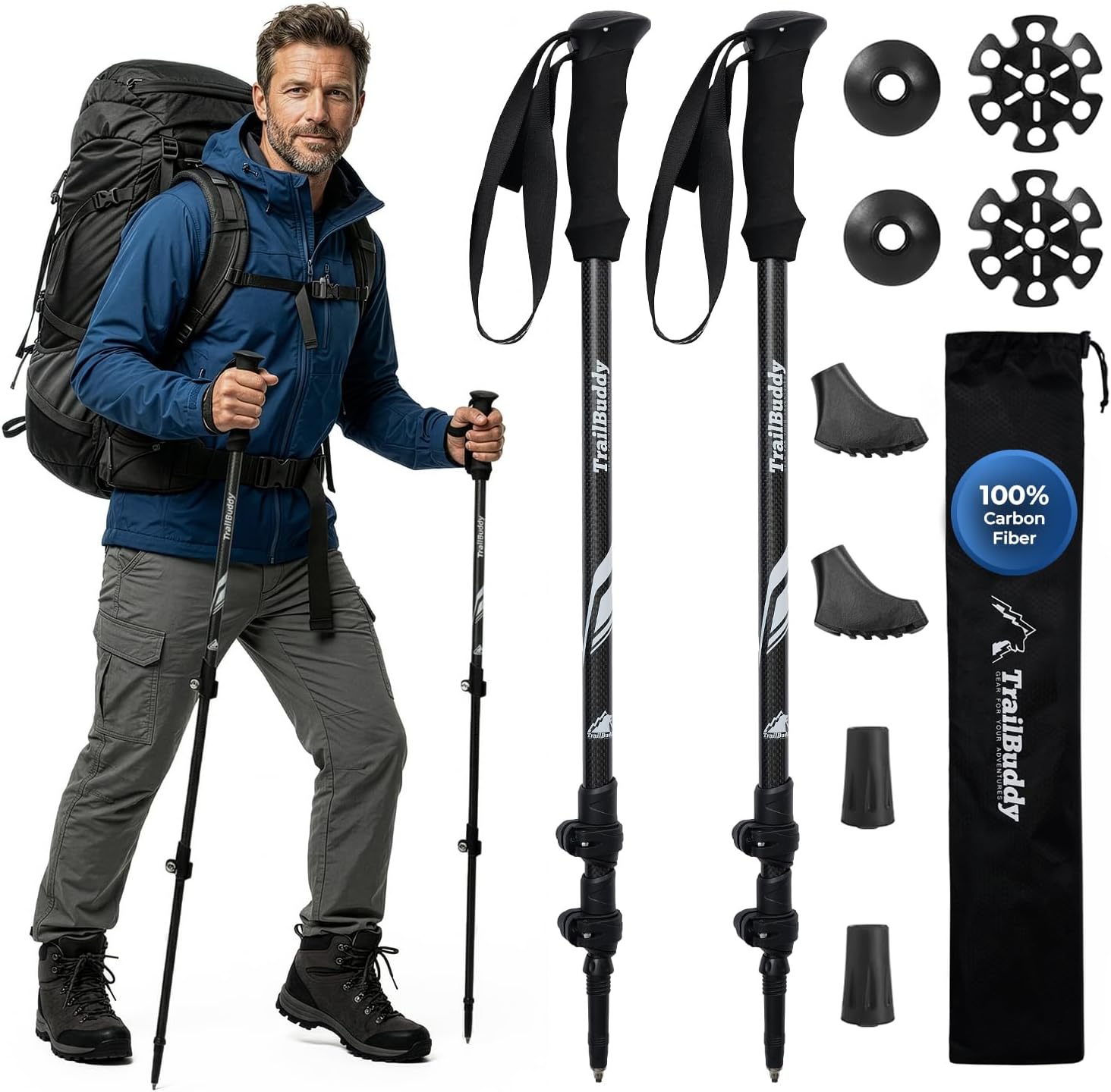 TrailBuddy 3K Carbon Fiber Hiking Poles - Collapsible Lightweight Trekking Poles for Hiking - Adjustable Walking Sticks for Women, Men, Seniors with All-Terrain Tips, Baskets & EVA Grips