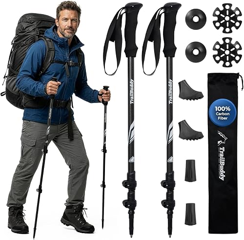 TrailBuddy 3K Carbon Fiber Hiking Poles - Collapsible Lightweight Trekking Poles for Hiking - Adjustable Walking Sticks for Women, Men, Seniors