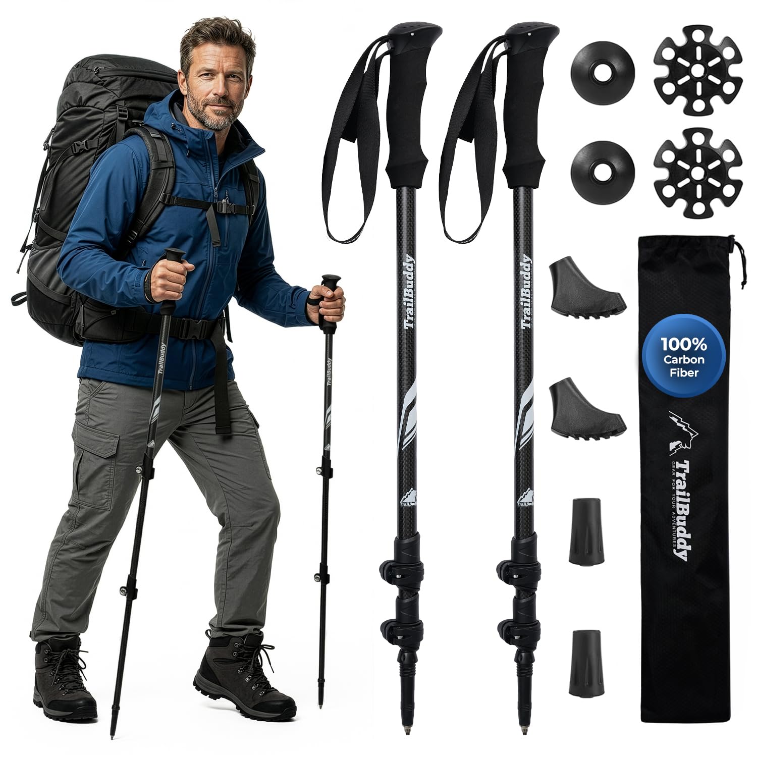 TrailBuddy 3K Carbon Fiber Hiking Poles - Collapsible Lightweight Trekking Poles for Hiking - Adjustable Walking Sticks for Women, Men, Seniors with All-Terrain Tips, Baskets & EVA Grips