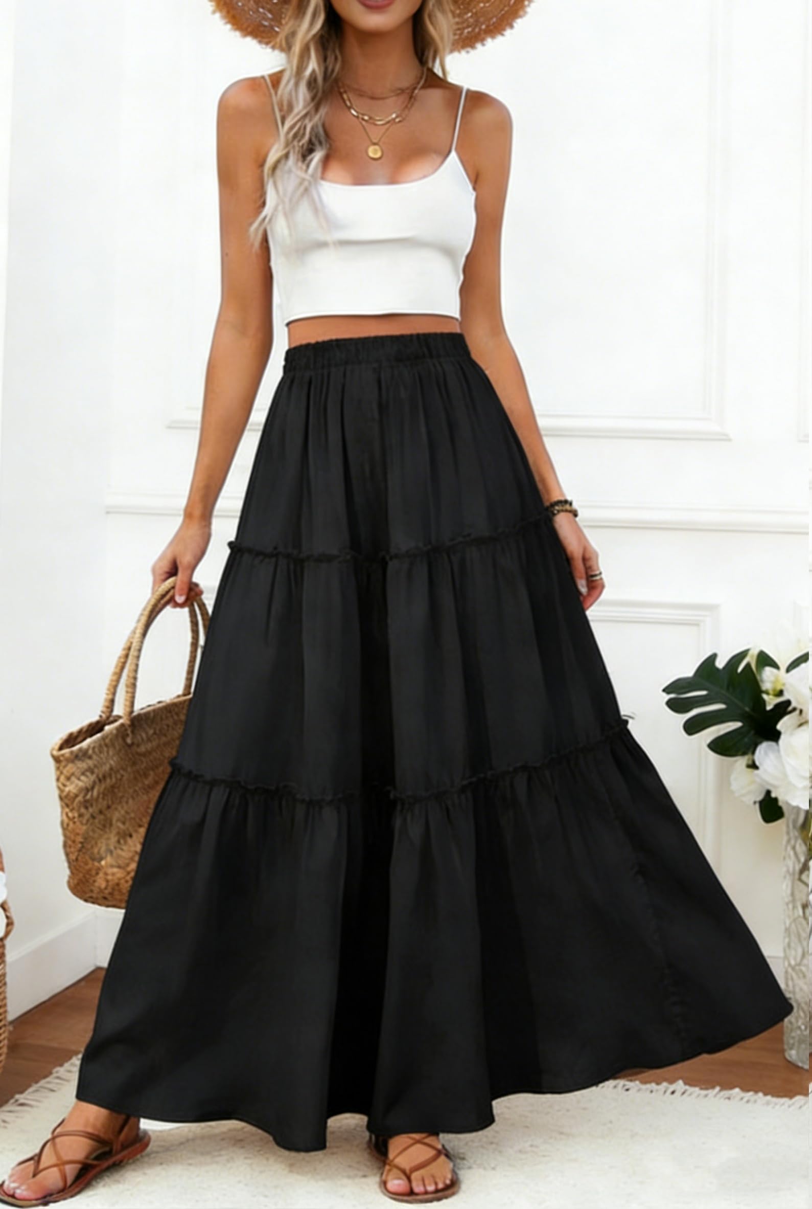 Gonna Lunga Casual da Donna Gonne Donna Elegante Vita Alta Boho Floreale Skirt da Spiaggia A-Line Gonne Elastiche con Tasche Estiva