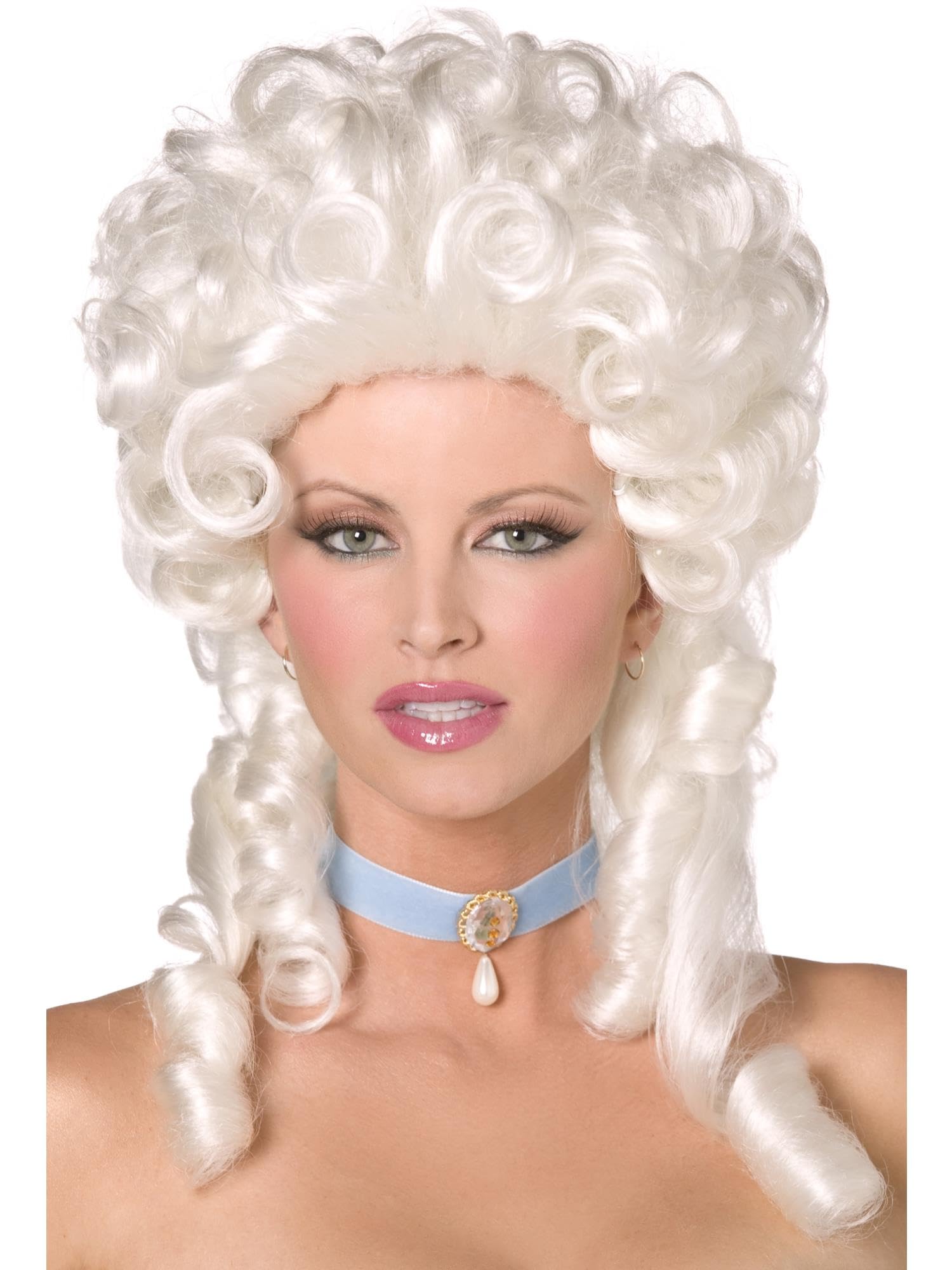 Smiffys Baroque Wig, White Shoulder Length with Ringlet Curls, Ladies Glamour Wigs Fancy Dress, Adult Dress Up Wigs Halloween