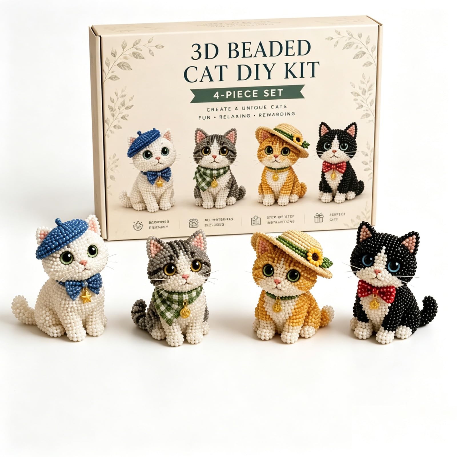 3D Beaded Animal Kit, DIY Animals Beading Set with 4 Cute Designs, Fun Handmade Embroidery Bead Set, Creative Animals Jewelry Art Craft Kits, for Adults Beginners with Instructions (Color L)
