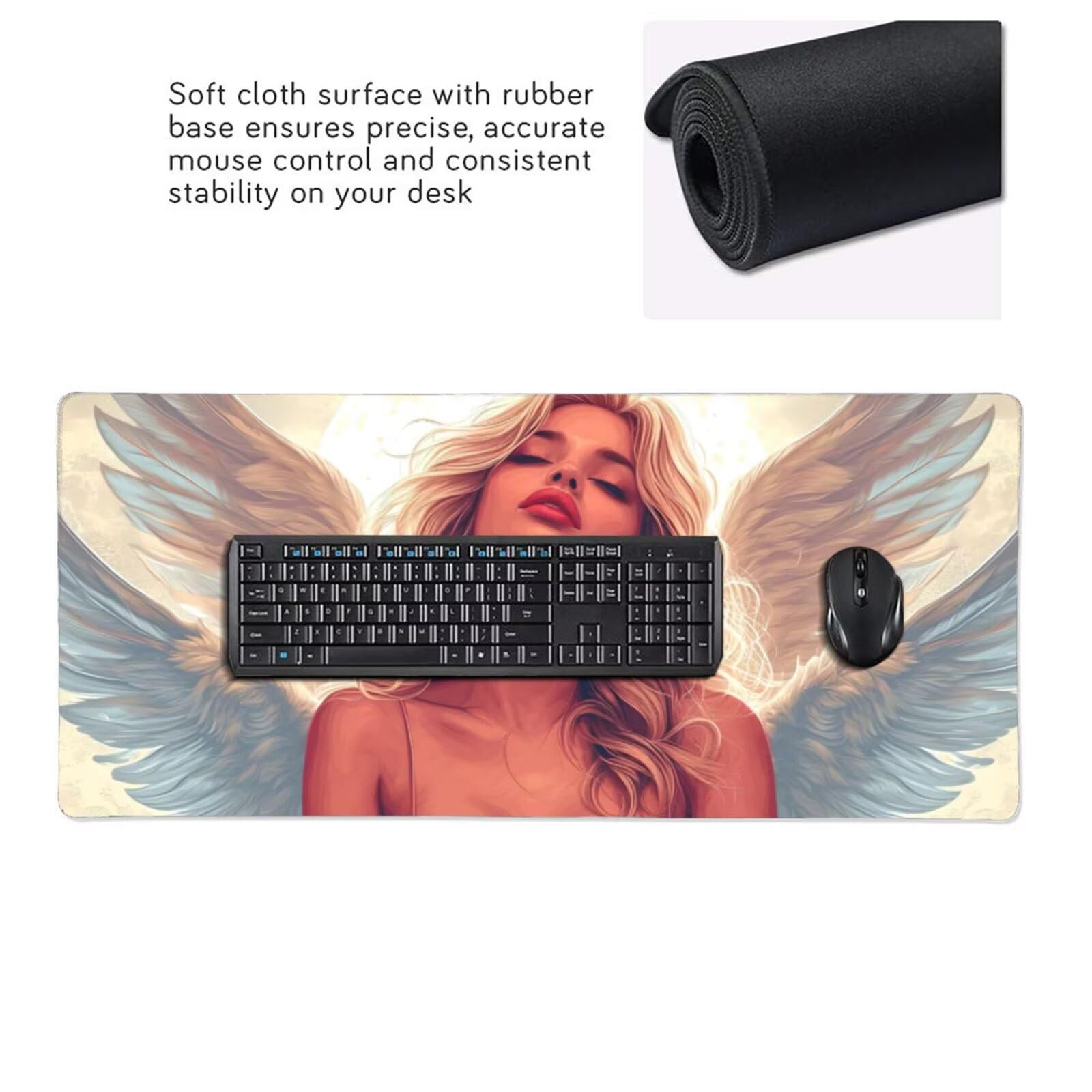 Angel Podkładka pod mysz XXL 1400 x 600 mm, duża podkładka pod mysz do gier biurowych z przeszytymi krawędziami i antypoślizgowym tyłem, podkładka pod mysz dla kobiet do klawiatury i myszy, prezenty