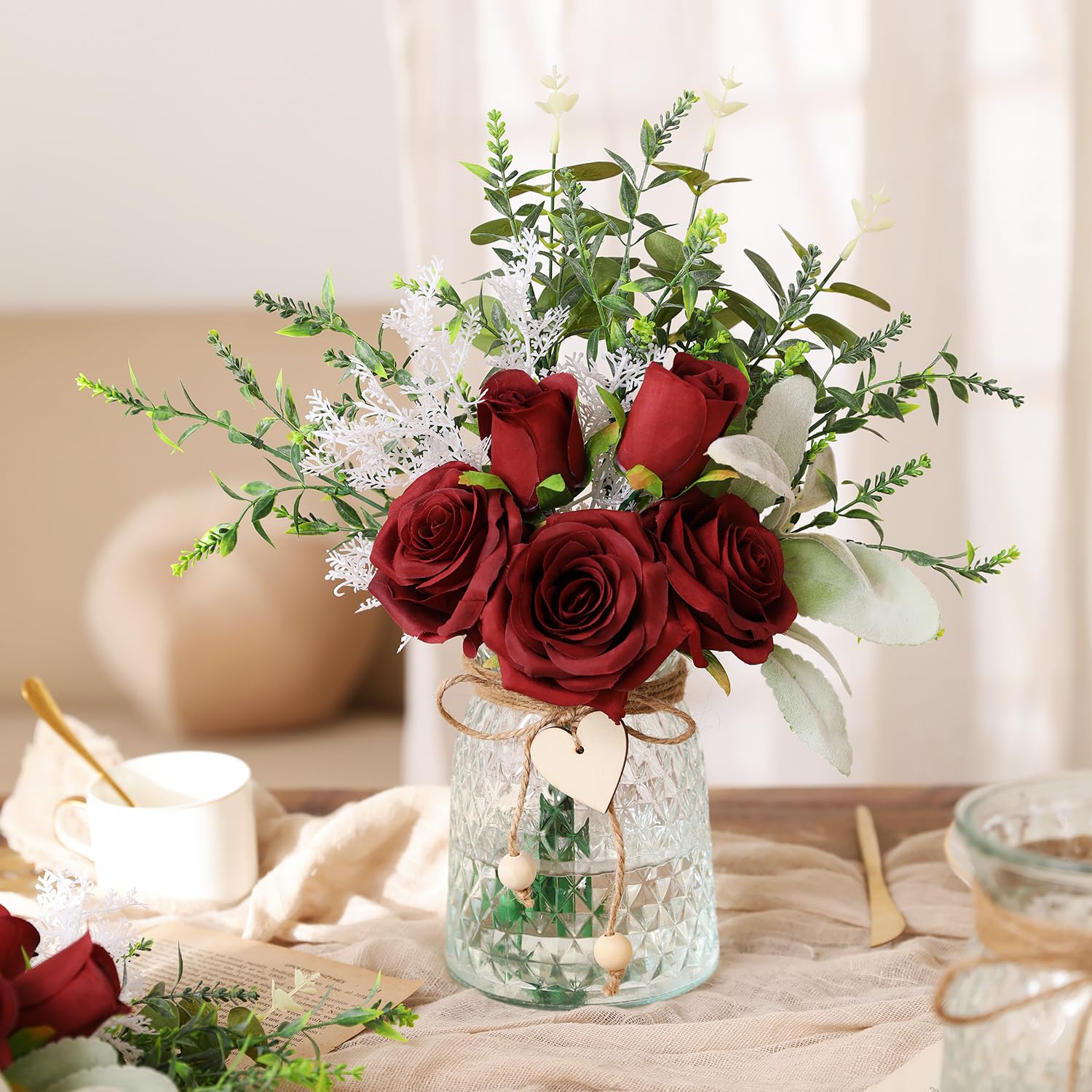 Fleurs Artificielles Floralsecret Avec Vase - Roses En Soie Et Eucalyptus - Décoration Table Basse, Bureau, Maison - 37 Cm