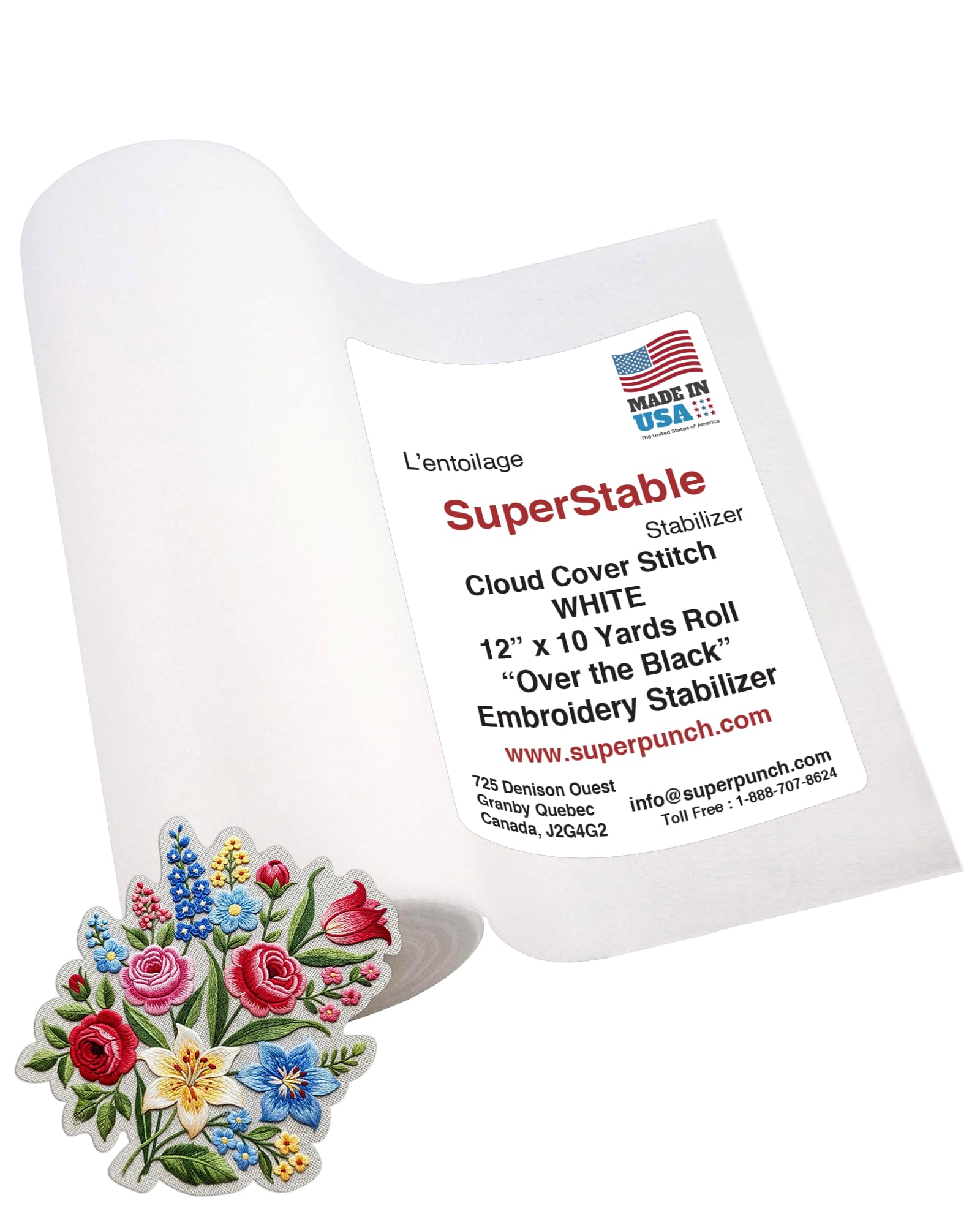 Superpunch Cloud Cover Stitch White 12 x 10 Yard roll. Over The Back SuperStable Embroidery stabilizer