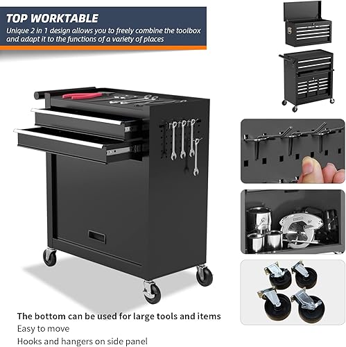 Miniatura 5 de Caja de herramientas con ruedas de 8 cajones, caja de herramientas con cerradura con ruedas y cajones, gabinete de herramientas de almacenamiento de