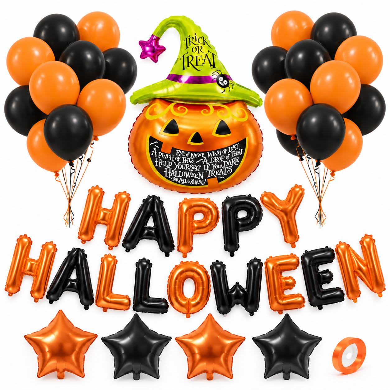 Halloween Ballon-Set Orange Schwarz – 20 Luftballons, Happy-Halloween-Schriftzug, Kürbis mit Hexenhut, 4 Foliensterne und Band – Halloween-Deko für Partys