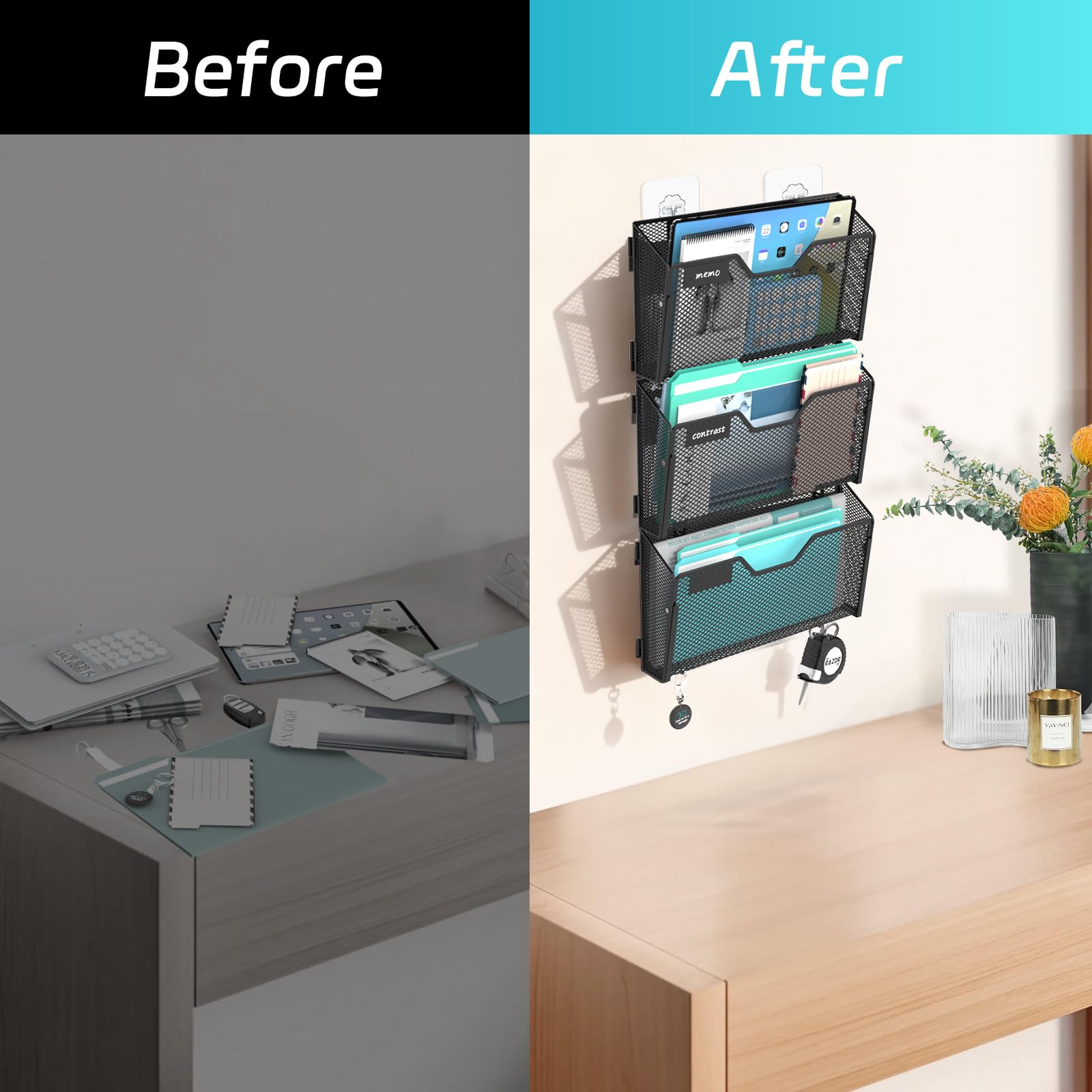 SUPEASY Porta documenti magnetico, confezione da 6 cartelle portadocumenti, senza fori, porta documenti e raccoglitori per casa/ufficio (con pannello per etichette, 14 ganci adesivi da parete)