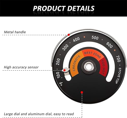 Miniatura 4 de Frienda Termómetro magnético superior para estufa de leña, medidor de temperatura, termómetro de combustión de estufa para evitar daños en el