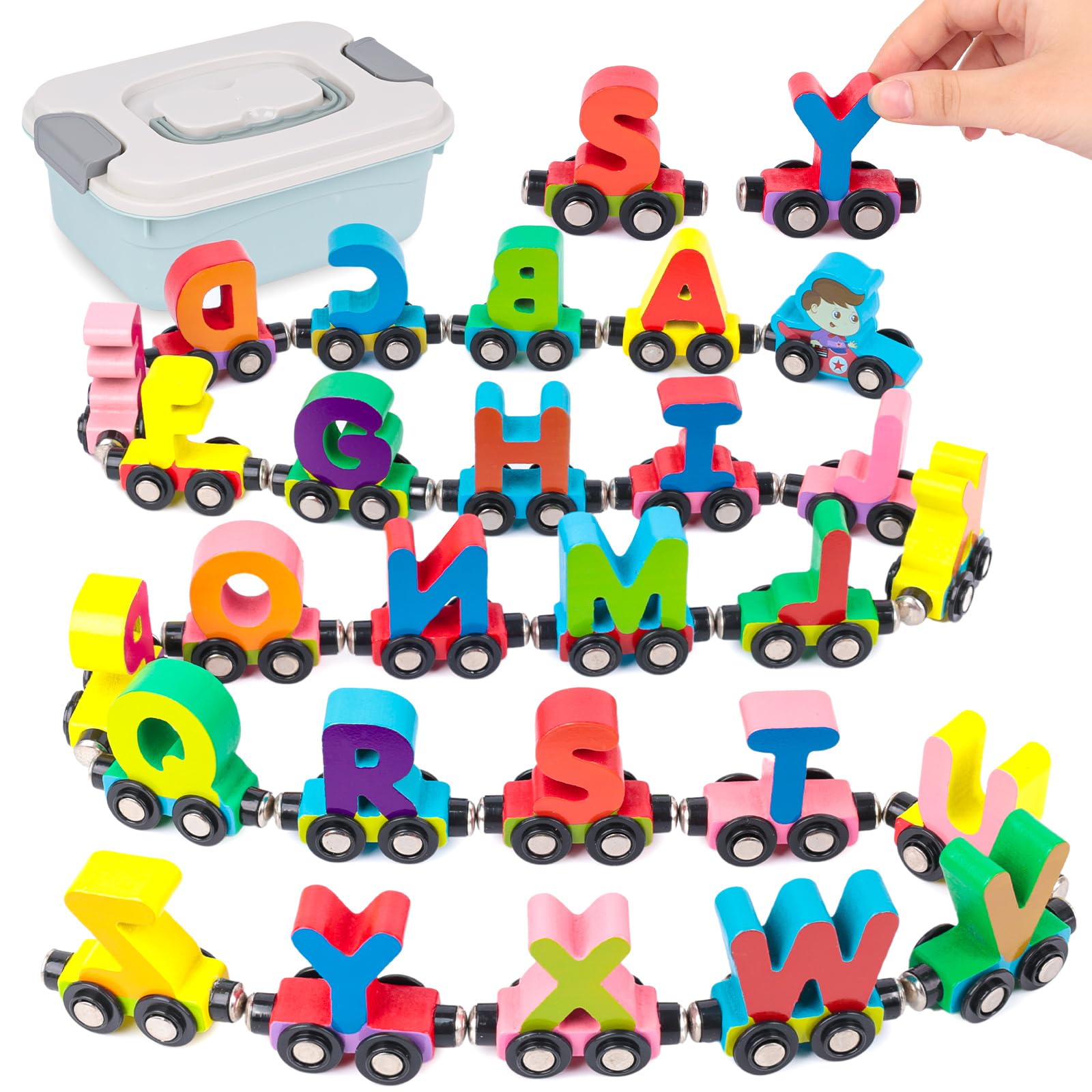 LovesTown 27 PCS Magnetic Alphabet Train Set, Wooden ABC Letters Educational Learning Toy with Storage Box