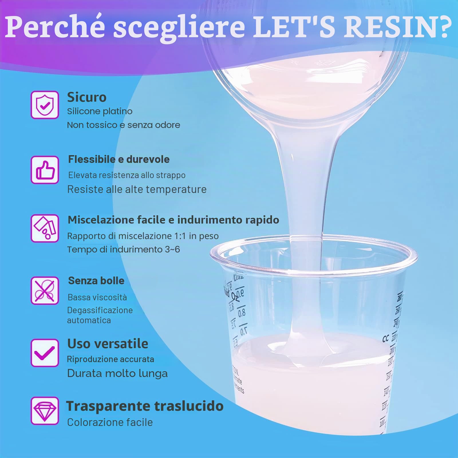 LET'S - Kit di stampi in silicone trasparente in gomma siliconica atossica per liquidi, rapporto di miscelazione 1:1 – ideale per stampi in resina, stampi in silicone fai da te e manuali