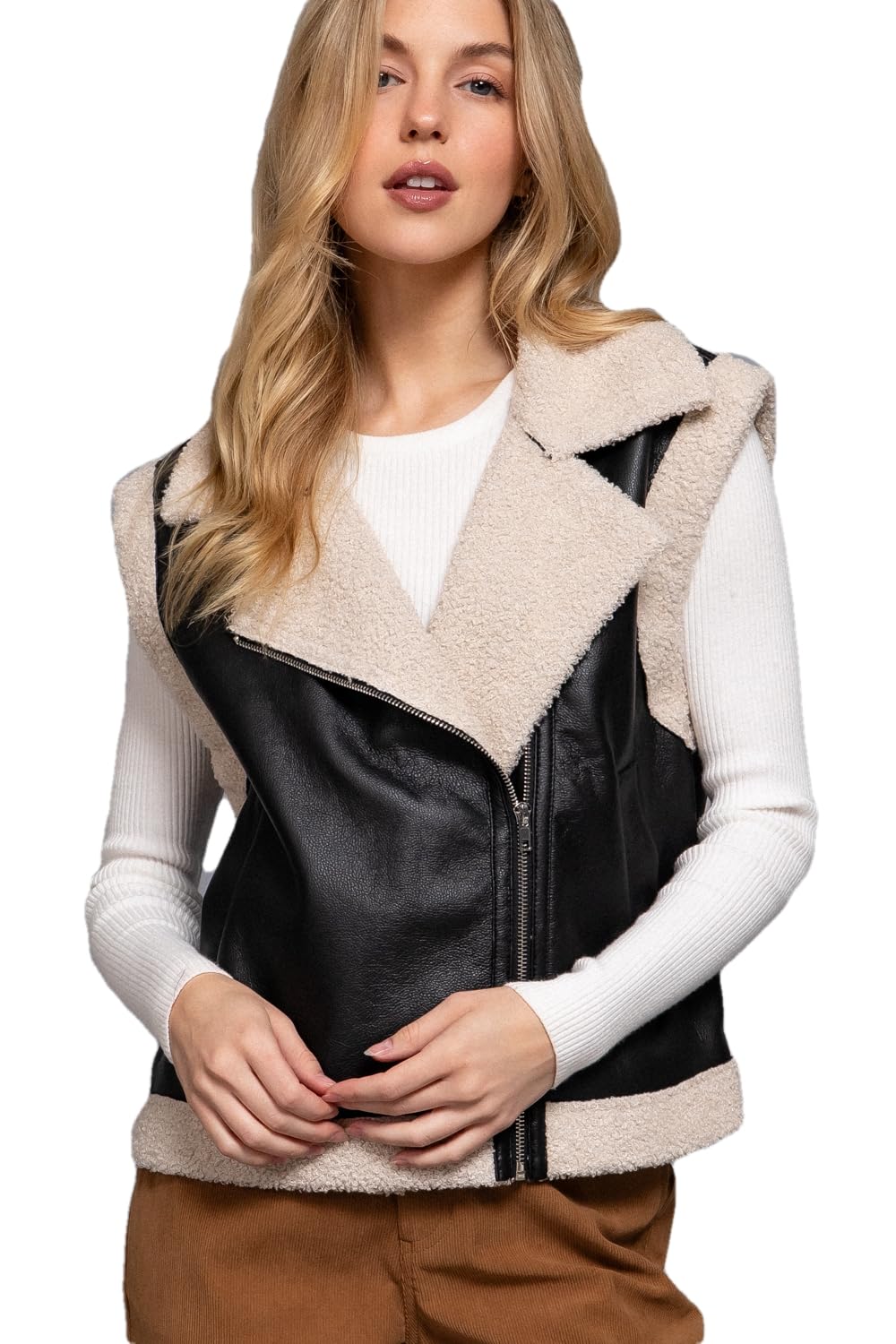 NE PEOPLE Faux Leather Vest - Sleeveless Shearling Lining Zipper Jacket